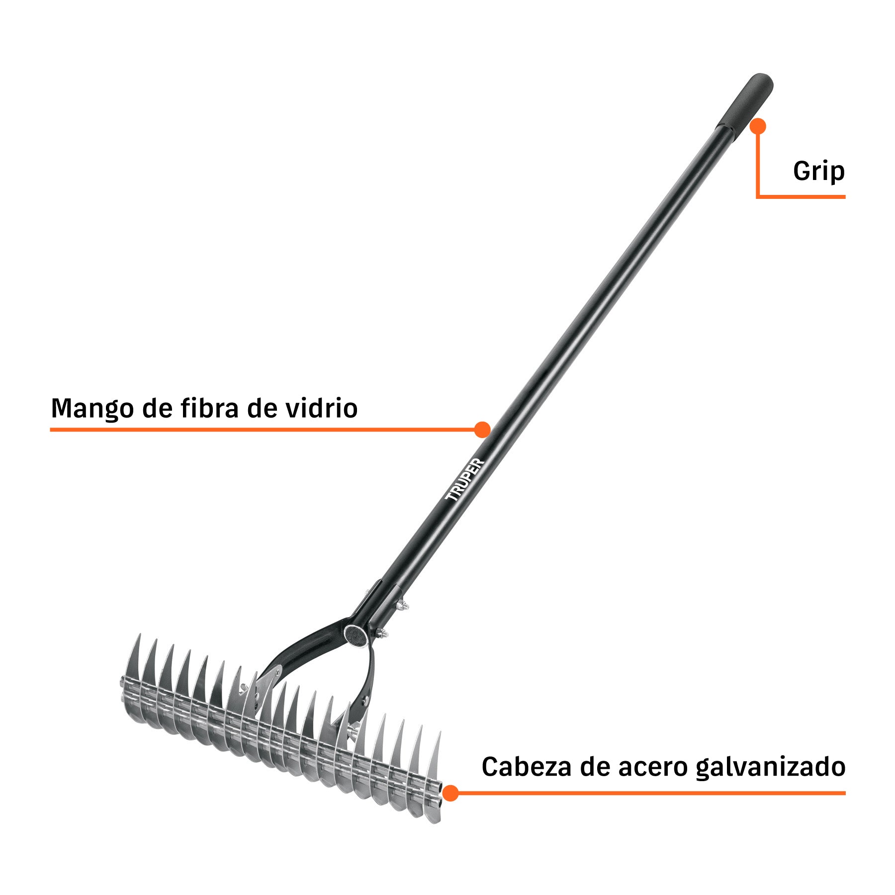 Rastrillo aireador de 19 dientes, mango 54',fibra Vidrio