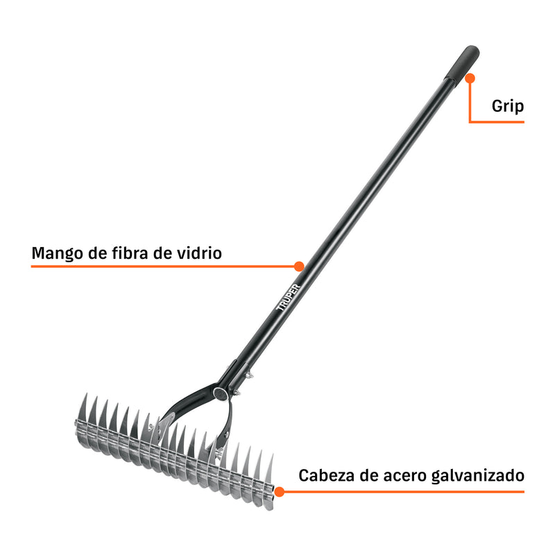 Rastrillo aireador de 19 dientes, mango 54',fibra Vidrio