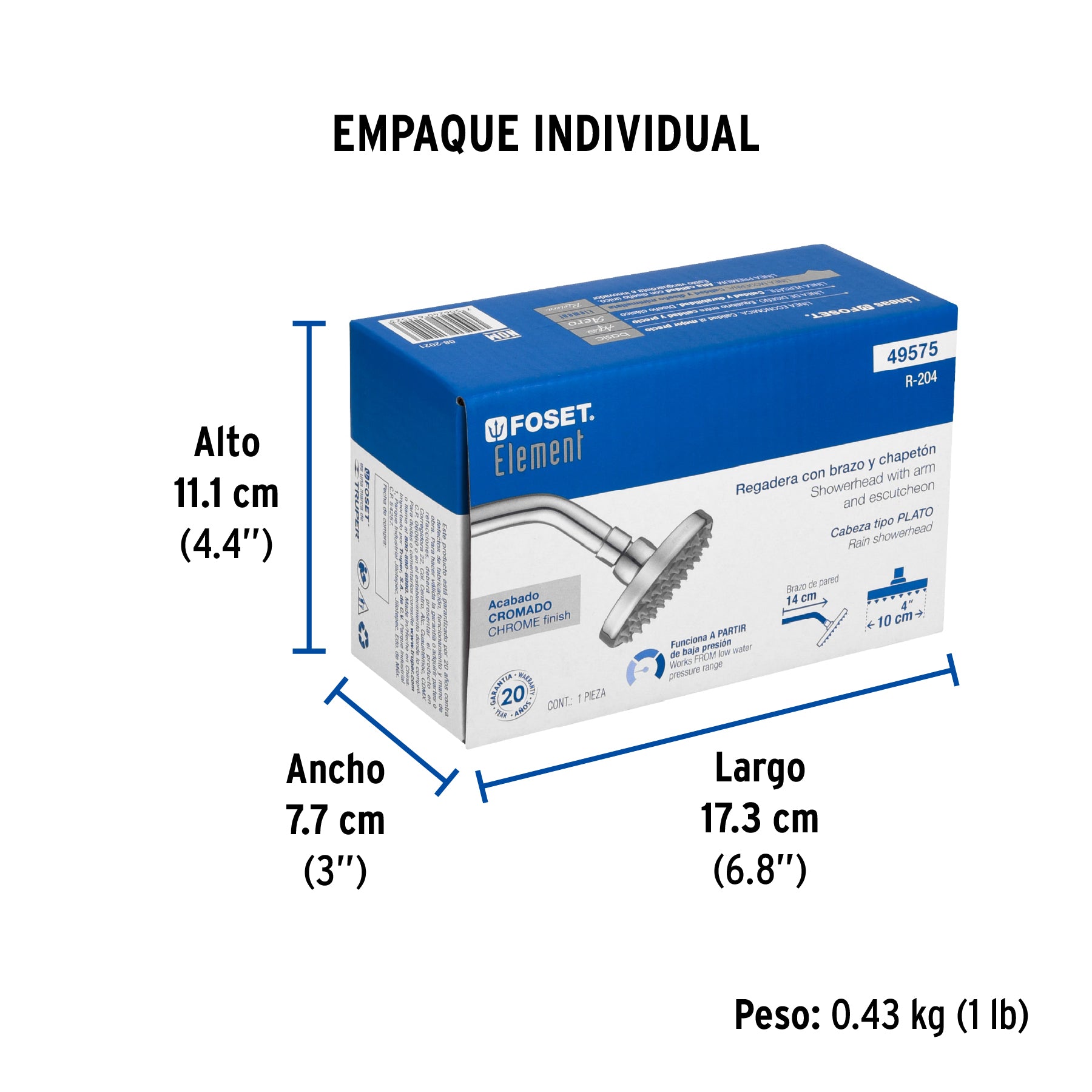 Regadera redonda, 4", con brazo, Element
