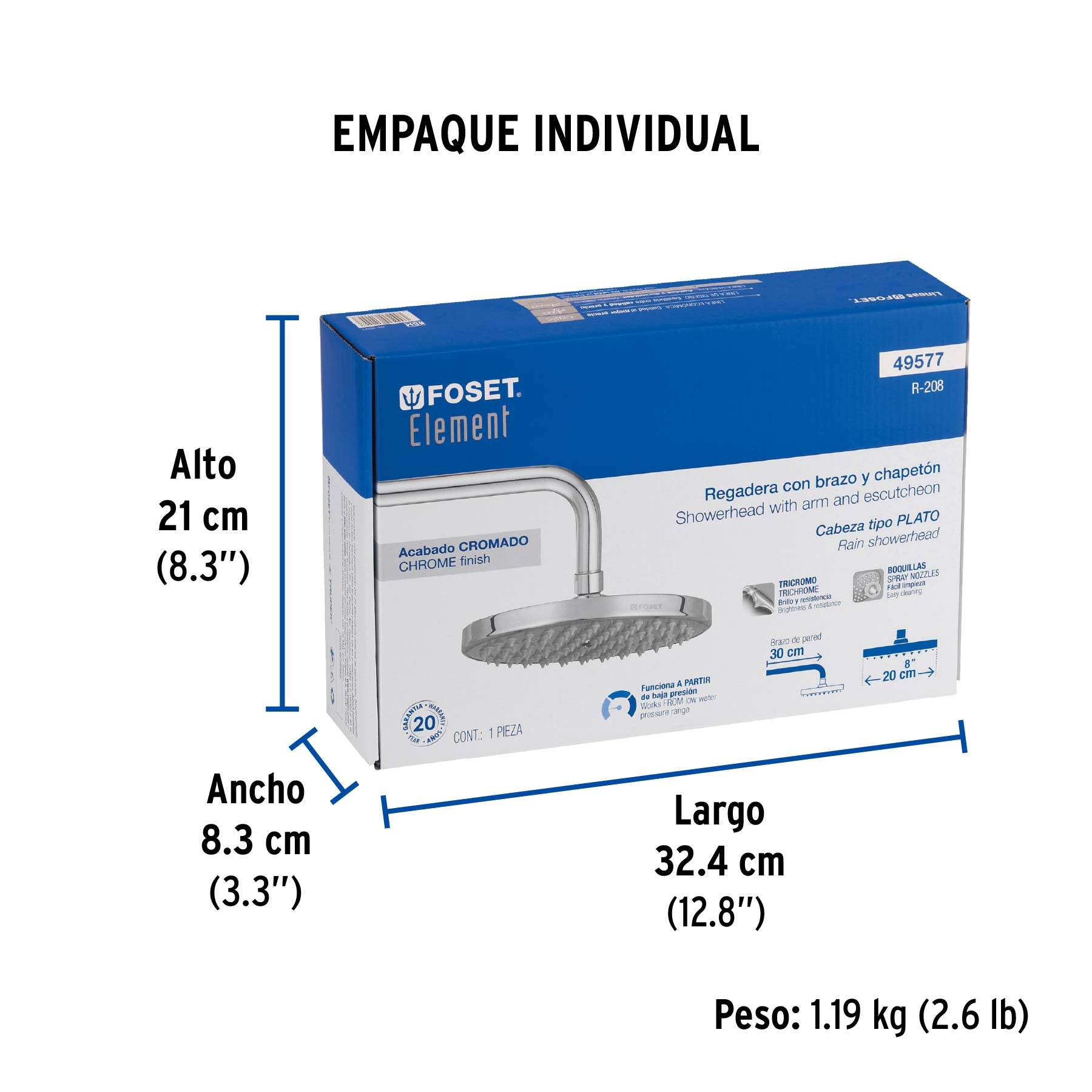 Regadera redonda, 8", con brazo, Element