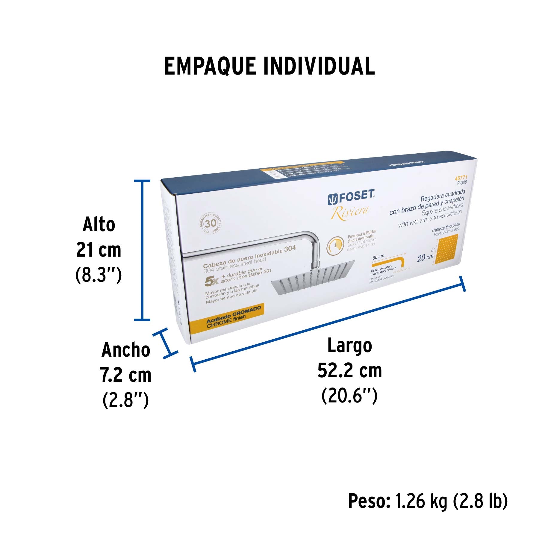 Regadera acero inoxidable, 8", con brazo, cromado, Riviera
