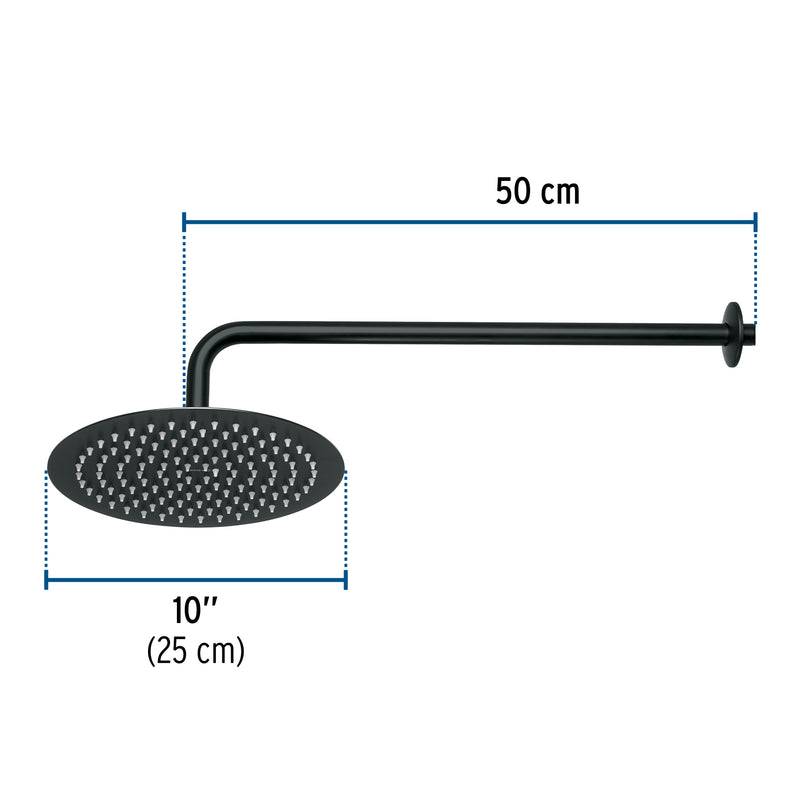 Regadera plato redondo 10' con brazo, negro, FOSET RIVIERA