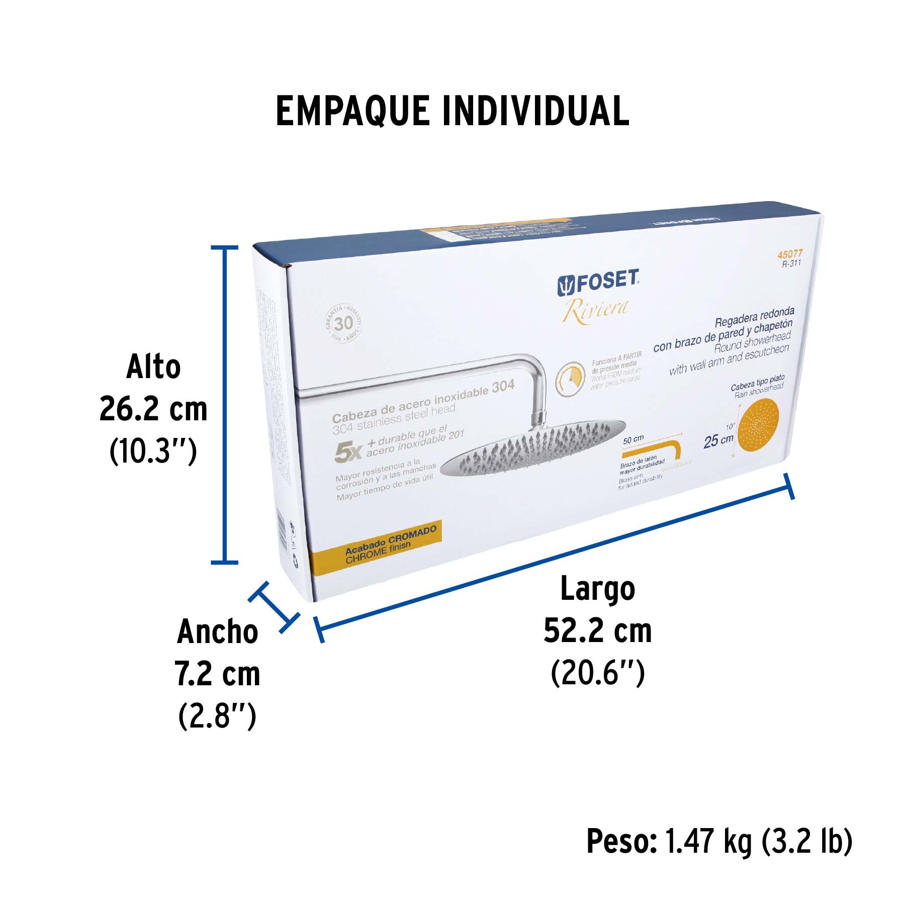 Regadera redonda, acero inoxidable, 10", cromada, Riviera