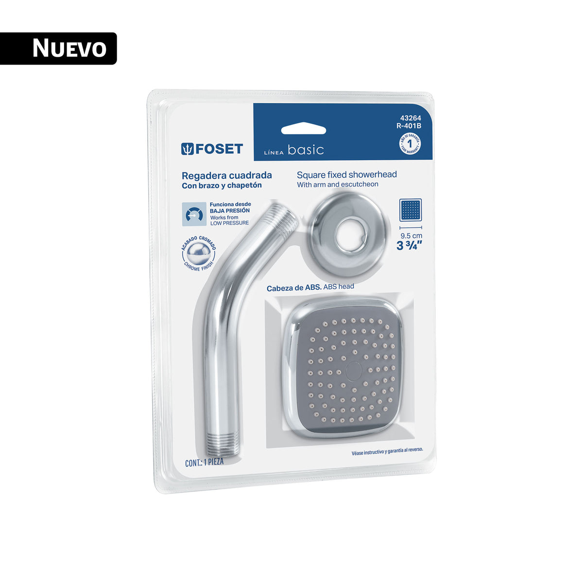 Regadera cuadrada 3-3/4' brazo y chapetón, blíster, BASIC