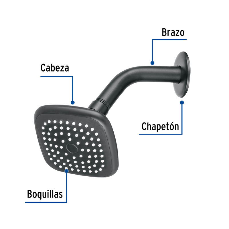 Regadera cuadrada 3-3/4' brazo y chapetón, negro, Basic