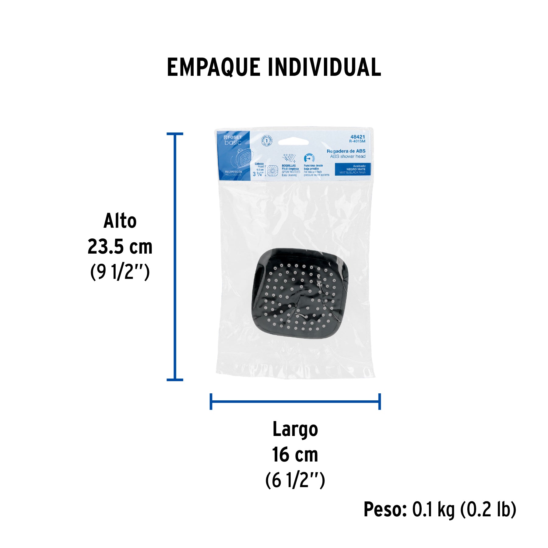 Regadera cuadrada de ABS 3-3/4' sin brazo, negro, Basic