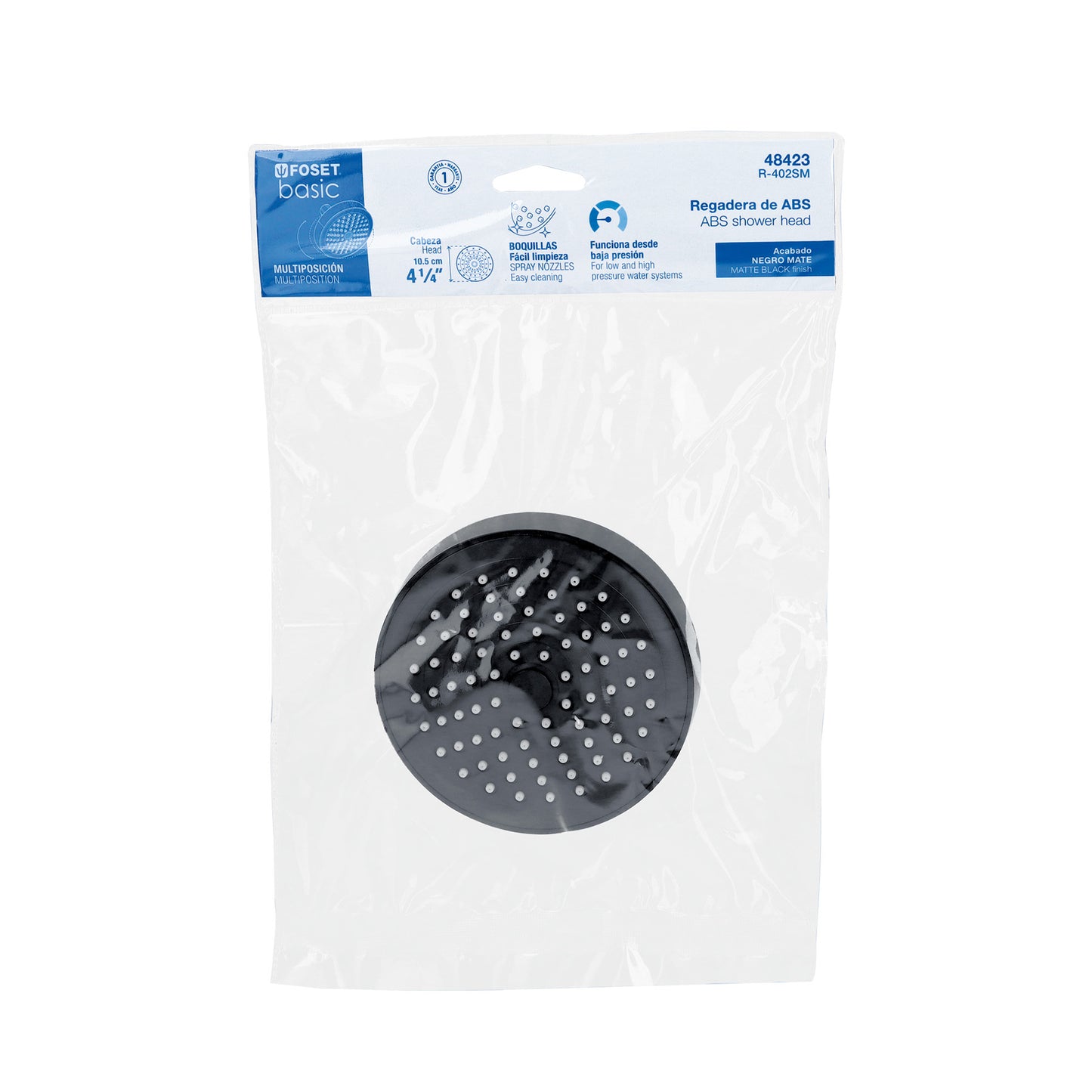 Regadera redonda de ABS 4-1/4' sin brazo, negro, Basic