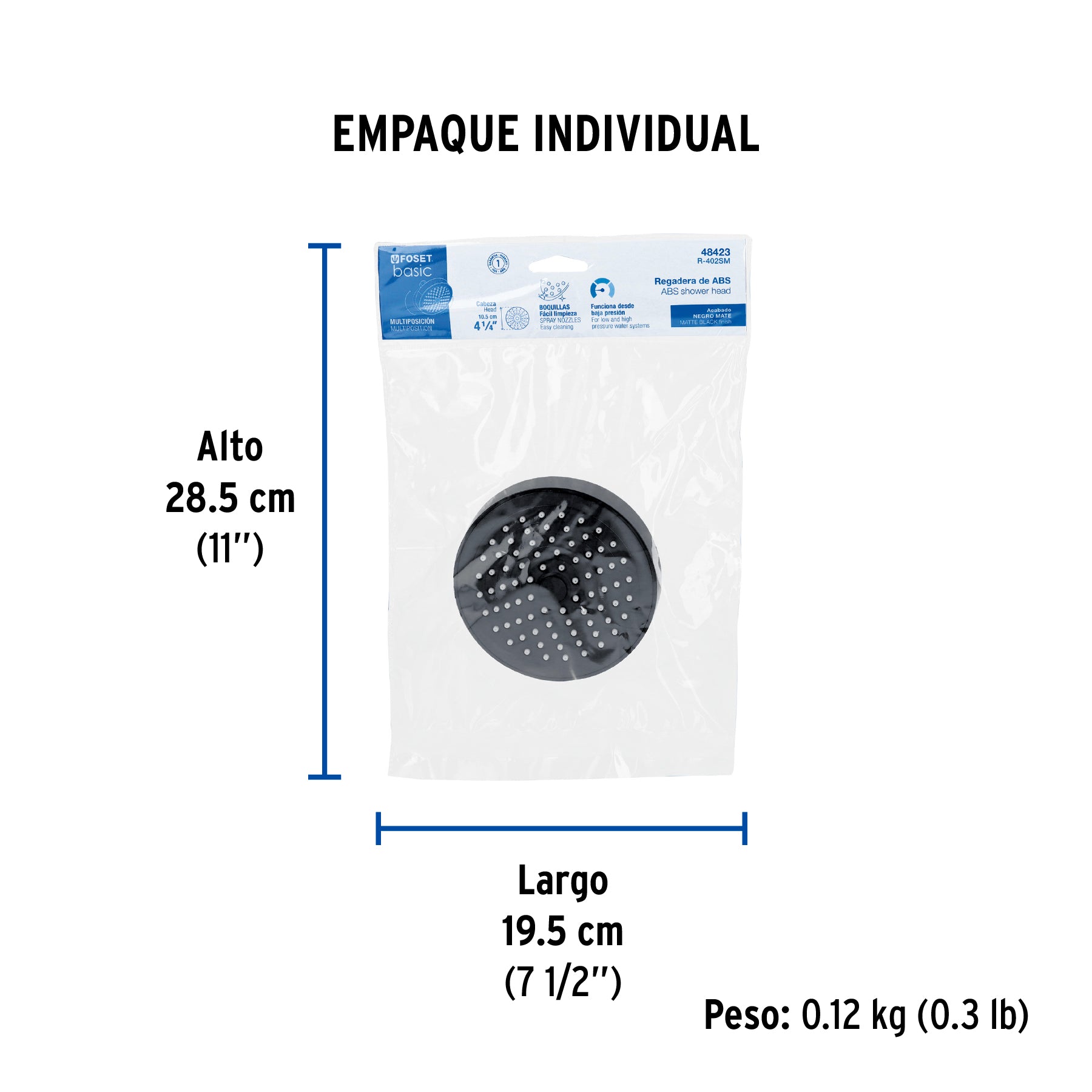 Regadera redonda de ABS 4-1/4' sin brazo, negro, Basic