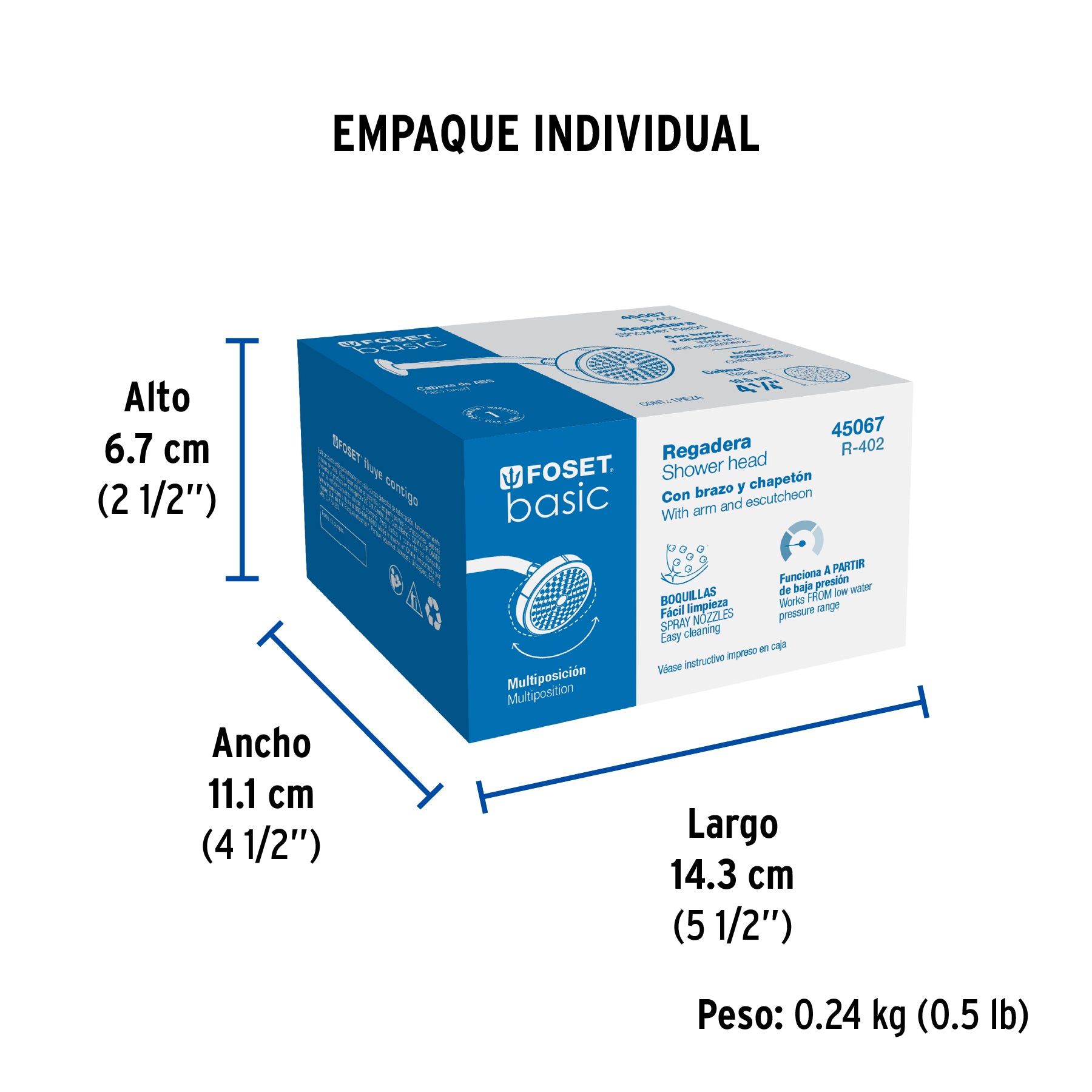 Regadera redonda, ABS, 4-1/4", con brazo, Basic