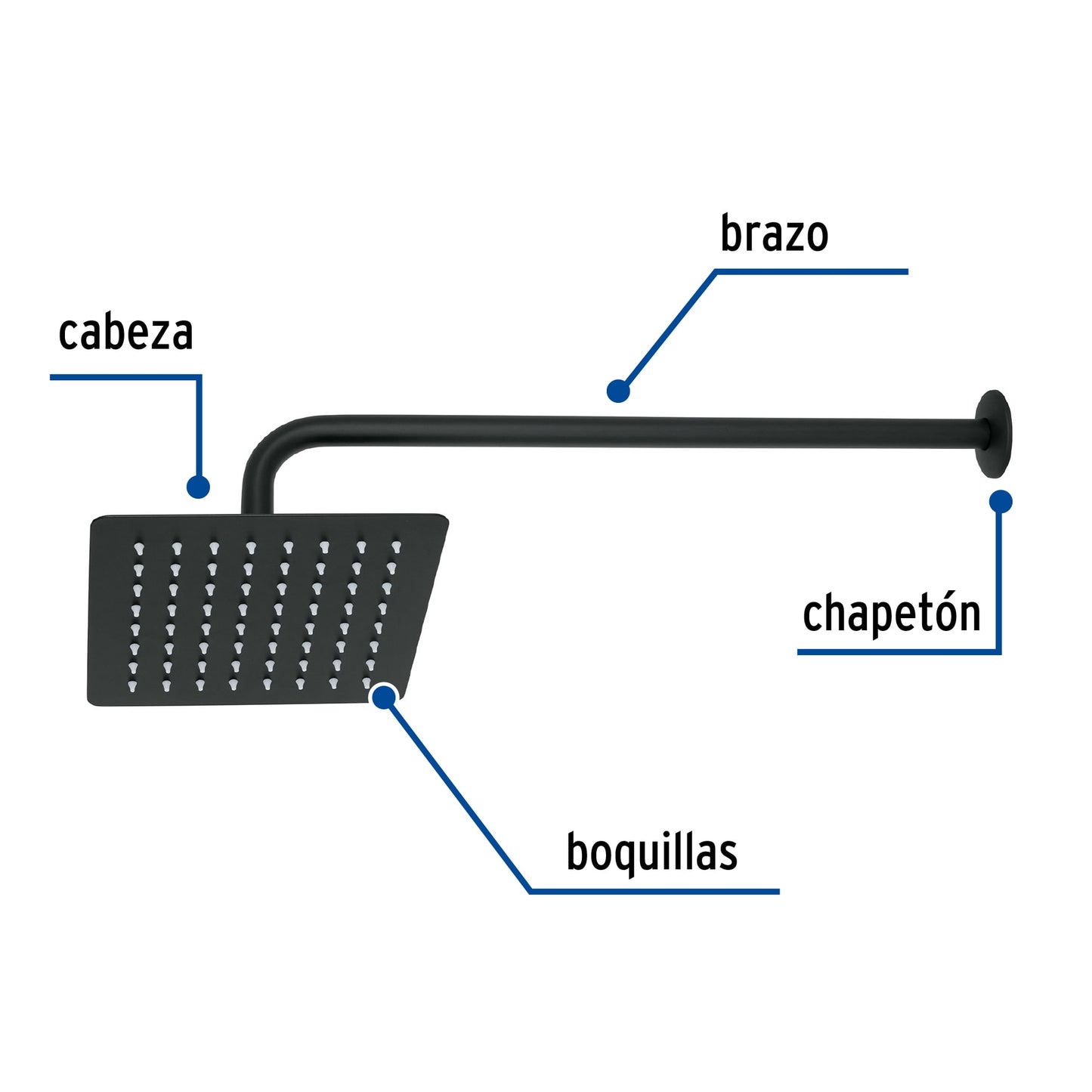 Regadera cuadrada 8', acero inox, con brazo, negro, Túbig