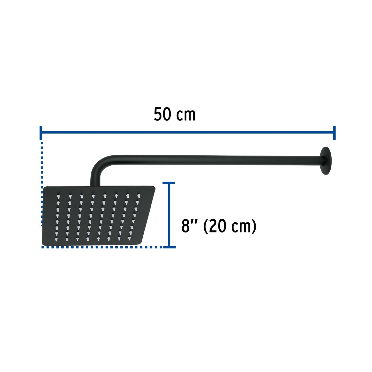Regadera cuadrada 8', acero inox, con brazo, negro, Túbig