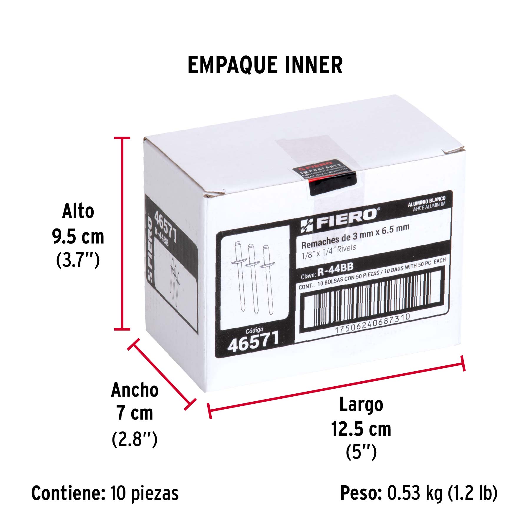 Bolsa c/50 remaches 1/8'x1/4' blancos de aluminio, ala 1/4'