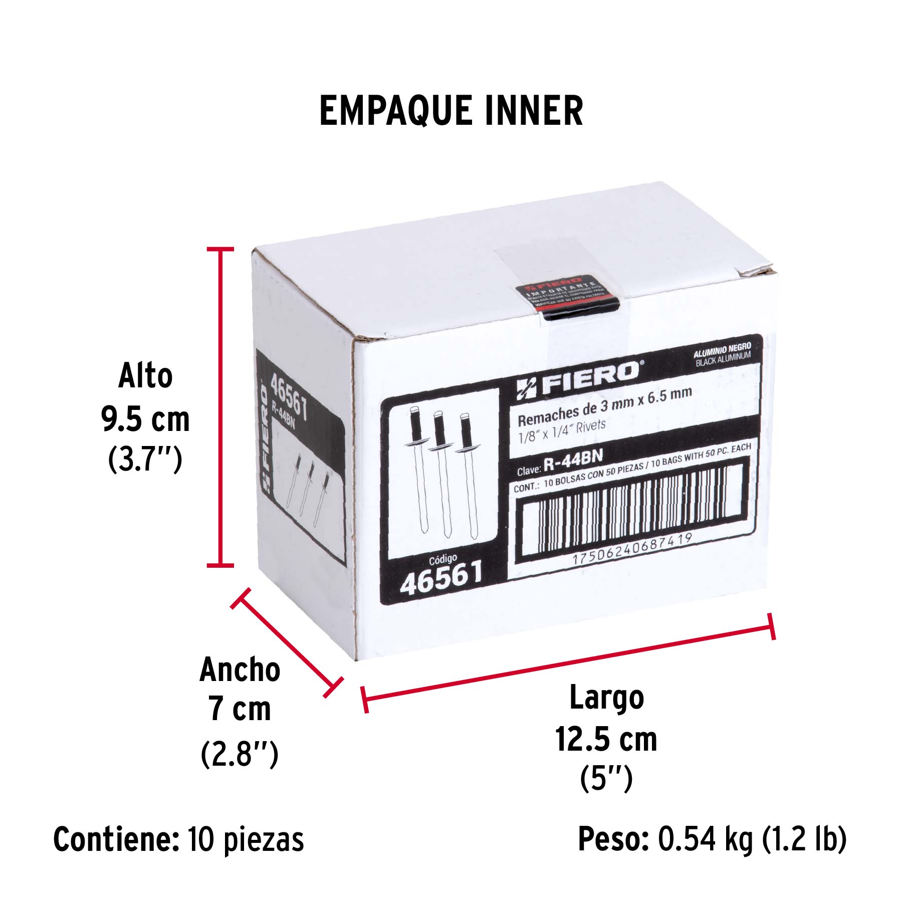 Bolsa c/50 remaches 1/8'x1/4' negros de aluminio, ala 1/4'