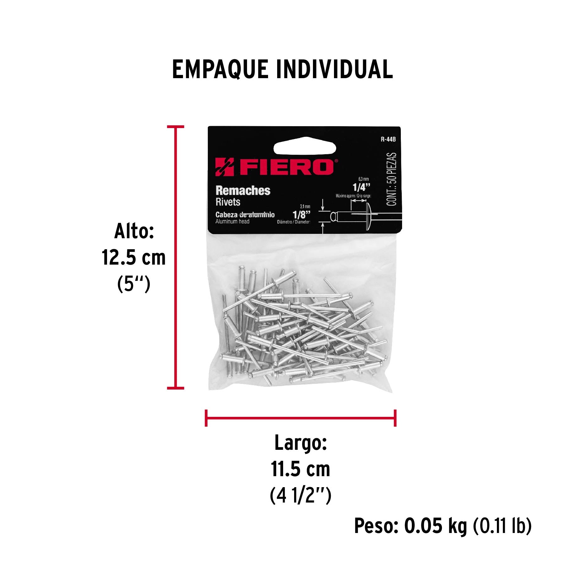 Remaches con espiga, 3.2x9.6mm, bolsa con 50 pzas