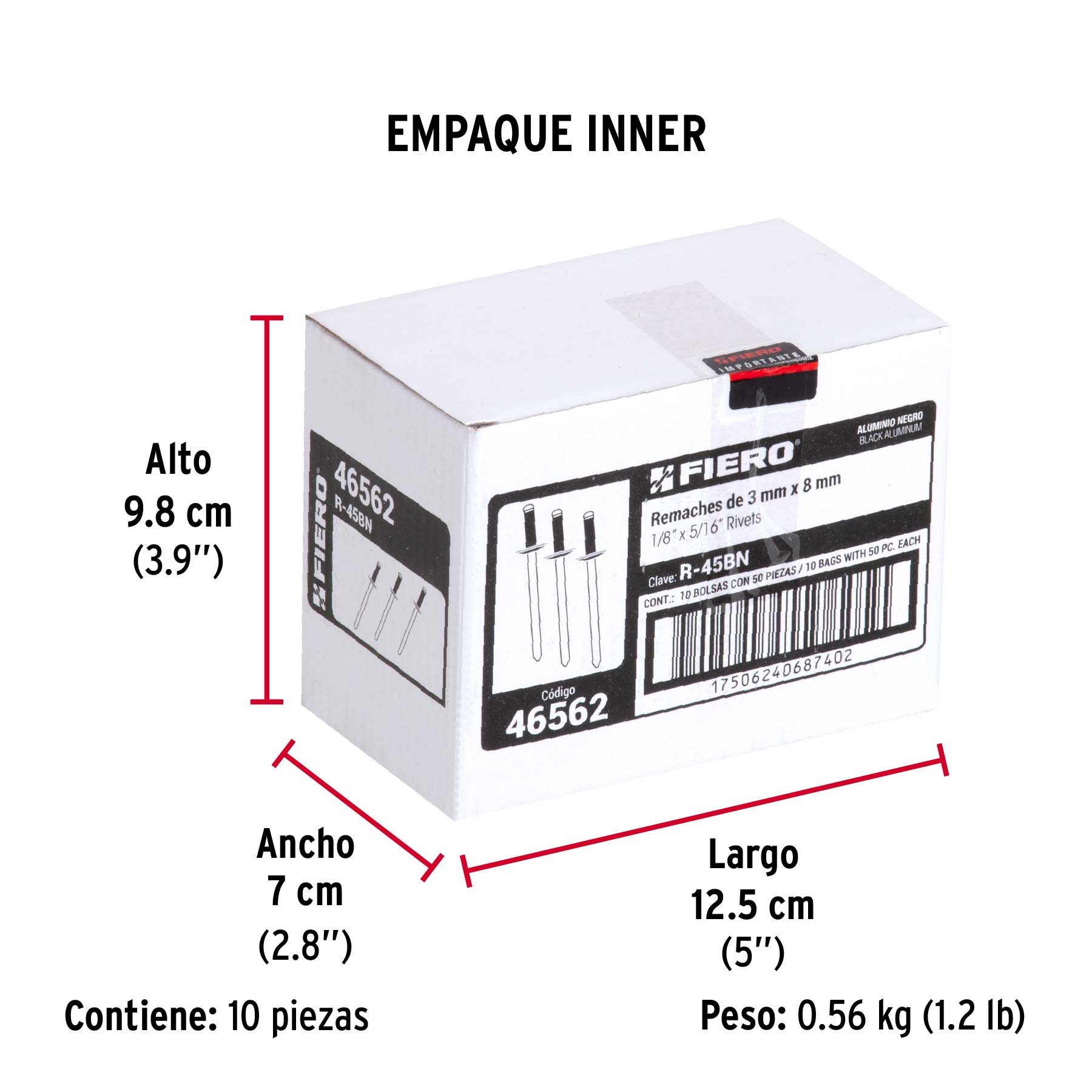 Bolsa c/50 remaches 1/8'x5/16' negros de aluminio, ala 1/4'