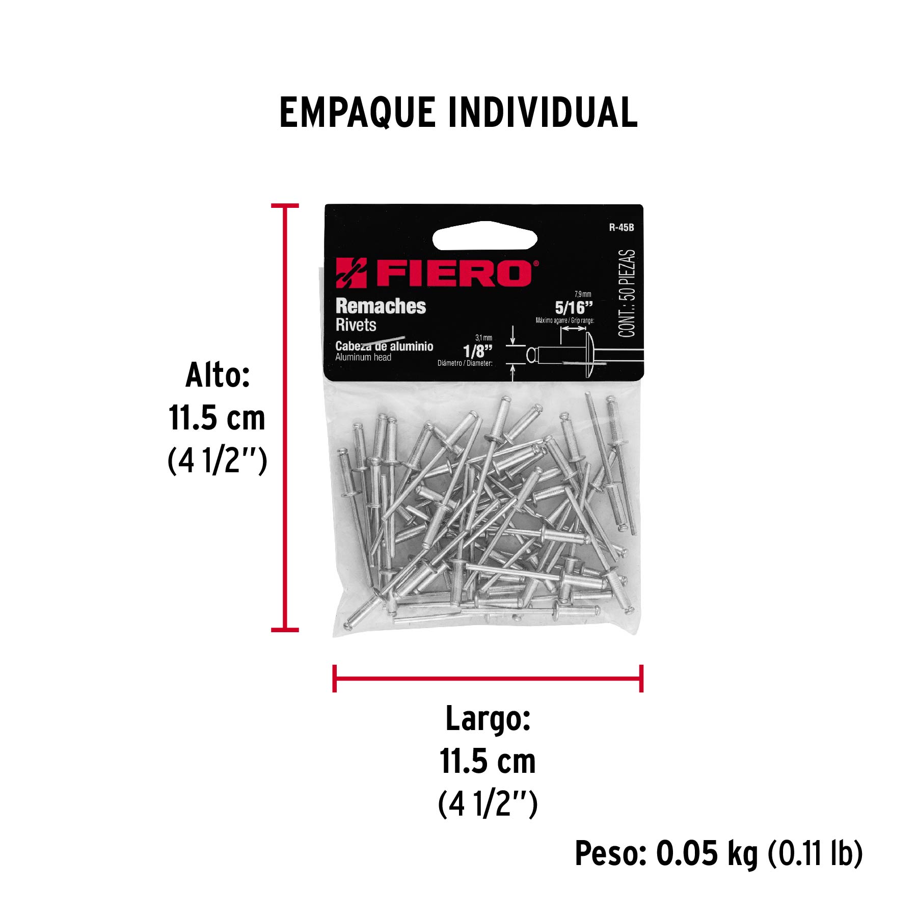 Remaches con espiga, 3.2x11.10m, bolsa con 50 pzas