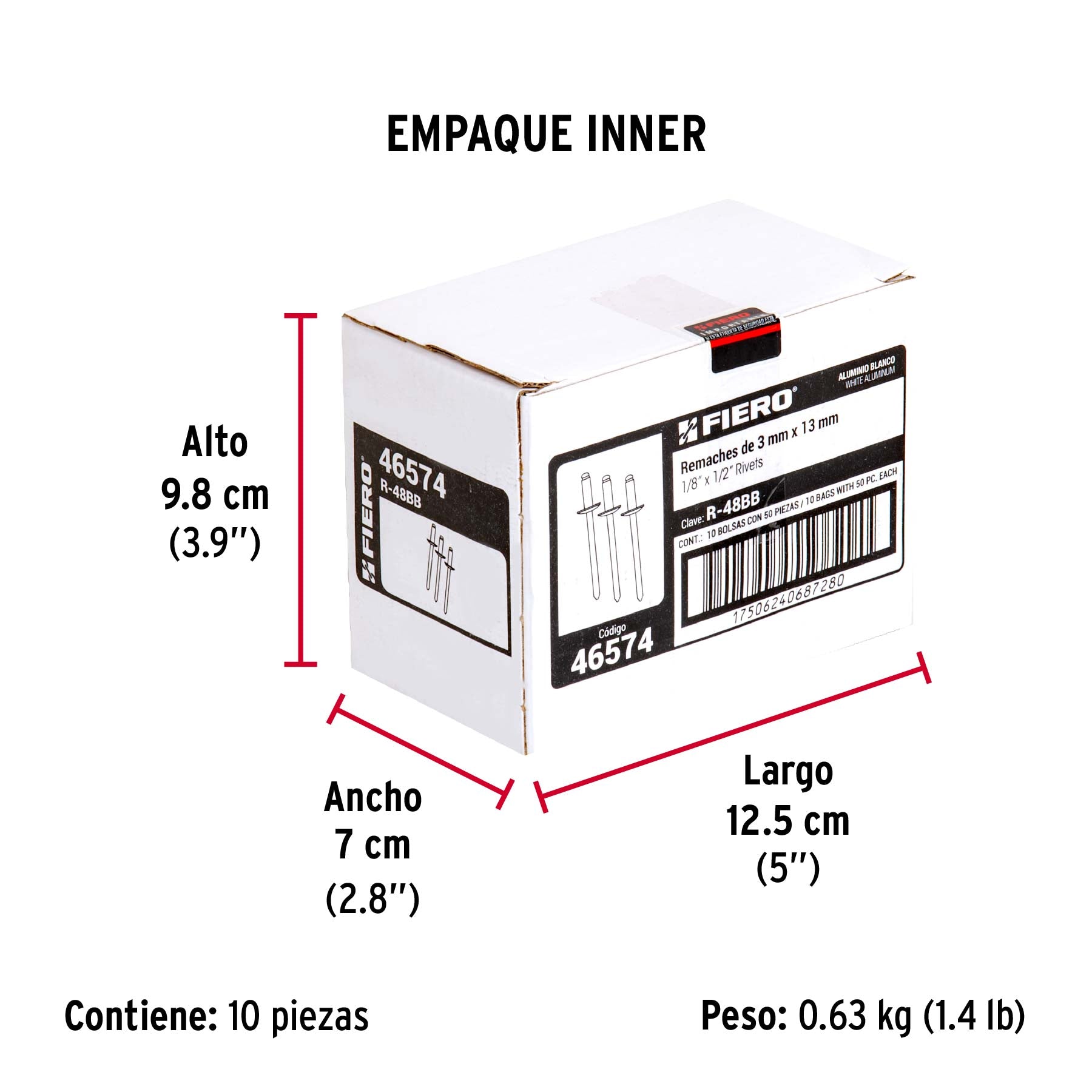 Bolsa c/50 remaches 1/8'x1/2' blancos de aluminio, ala 1/4'