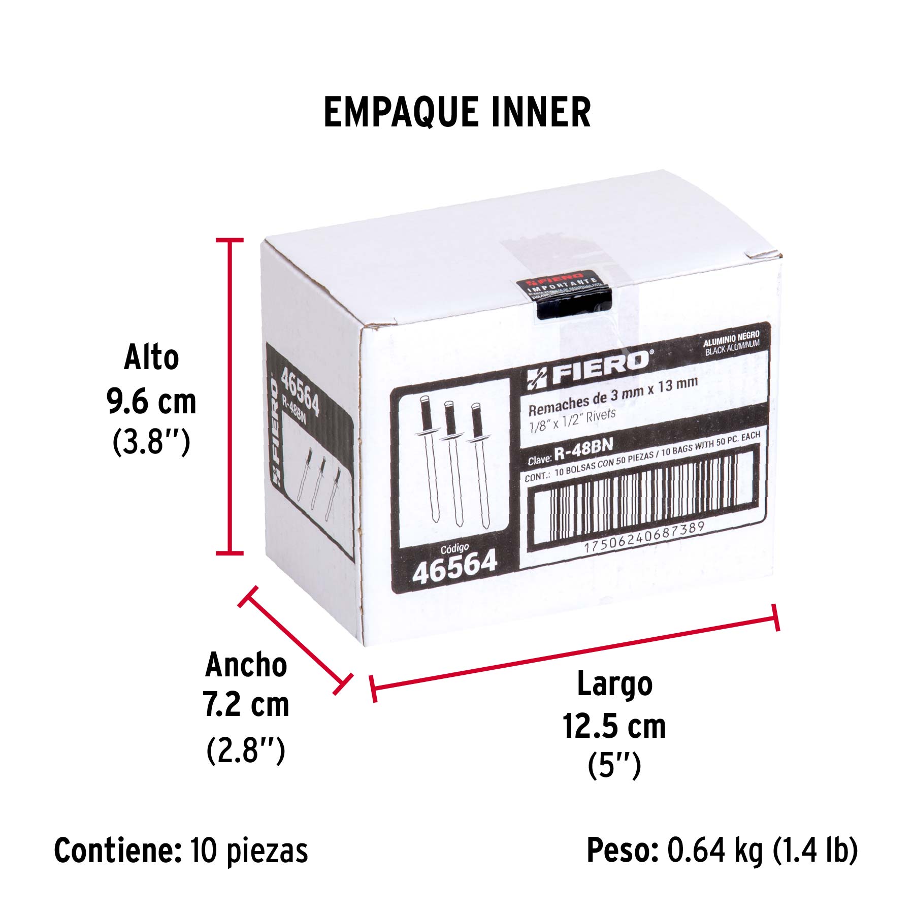 Bolsa c/50 remaches 1/8'x1/2' negros de aluminio, ala 1/4'