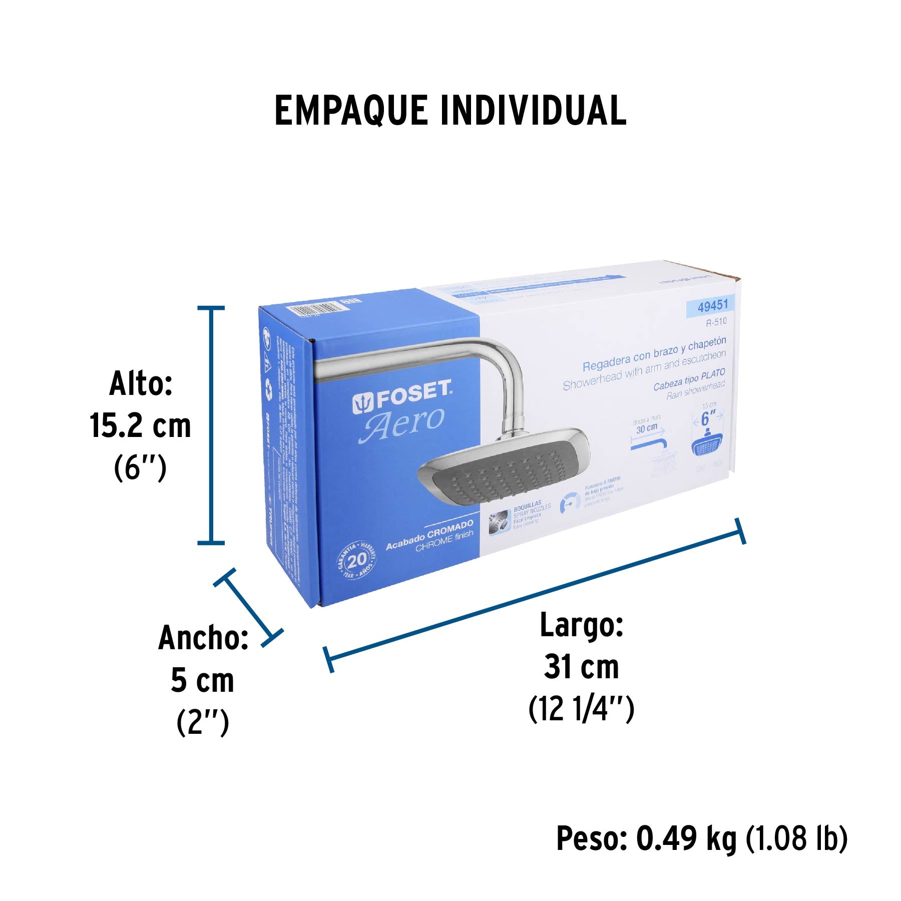Regadera redonda, plástica, 6", con brazo, Aero