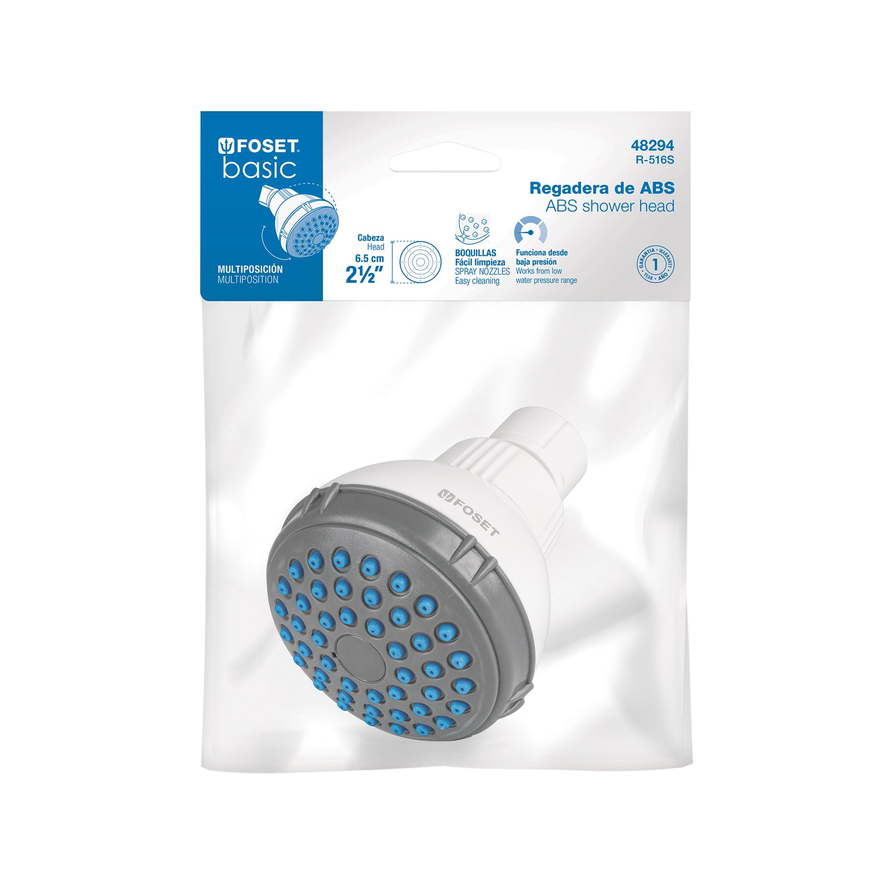 Regadera redonda sin brazo de ABS, 2-1/2', Blanca, Basic