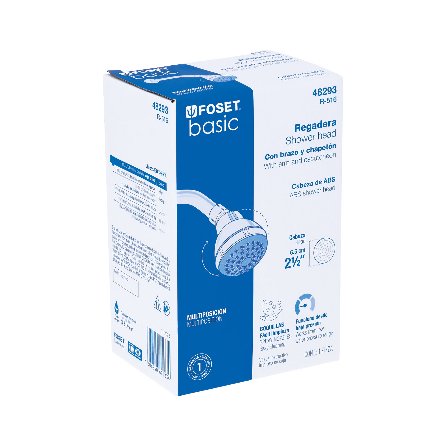 Regadera redonda, cabeza ABS, 2-1/2', Blanca, Basic