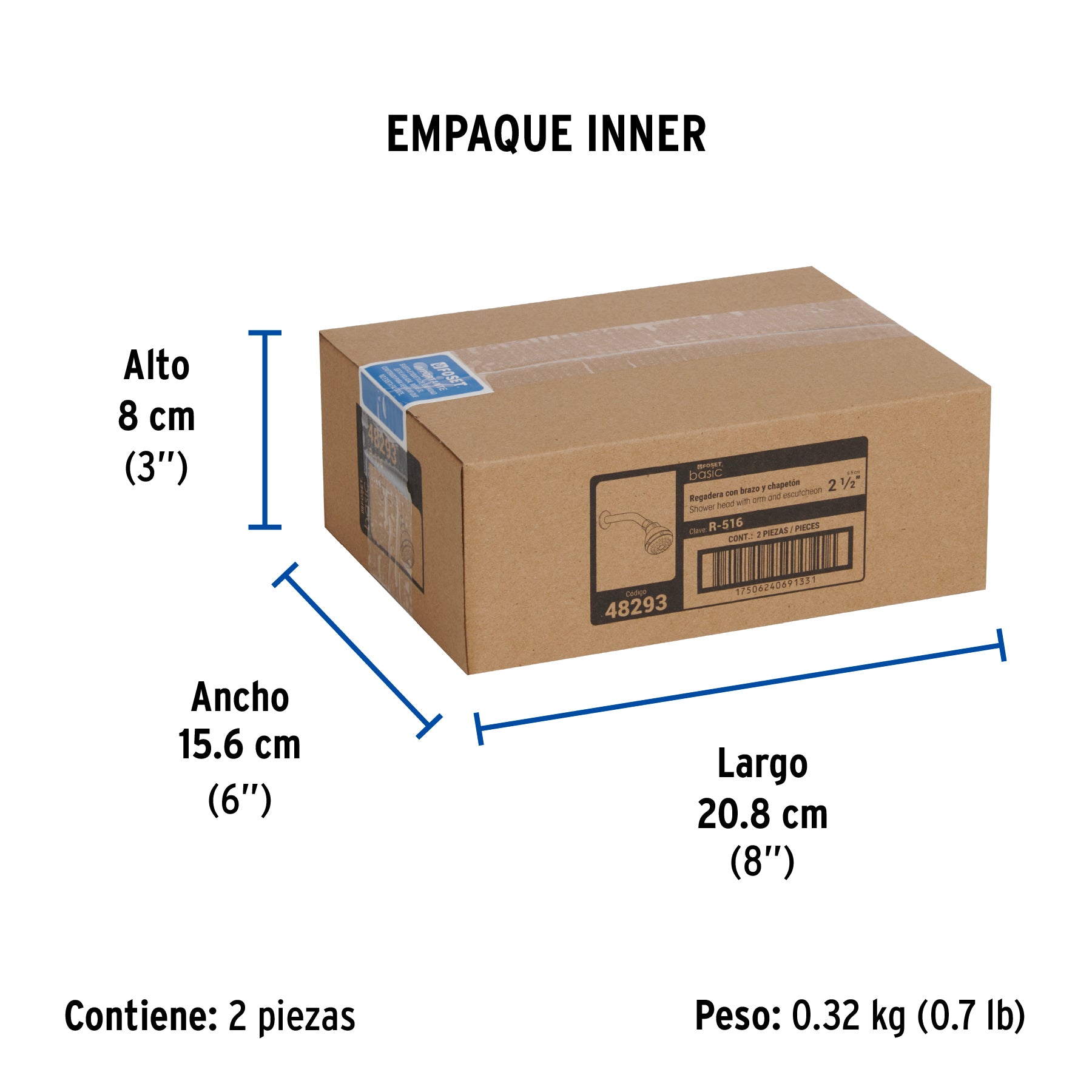Regadera redonda, cabeza ABS, 2-1/2', Blanca, Basic
