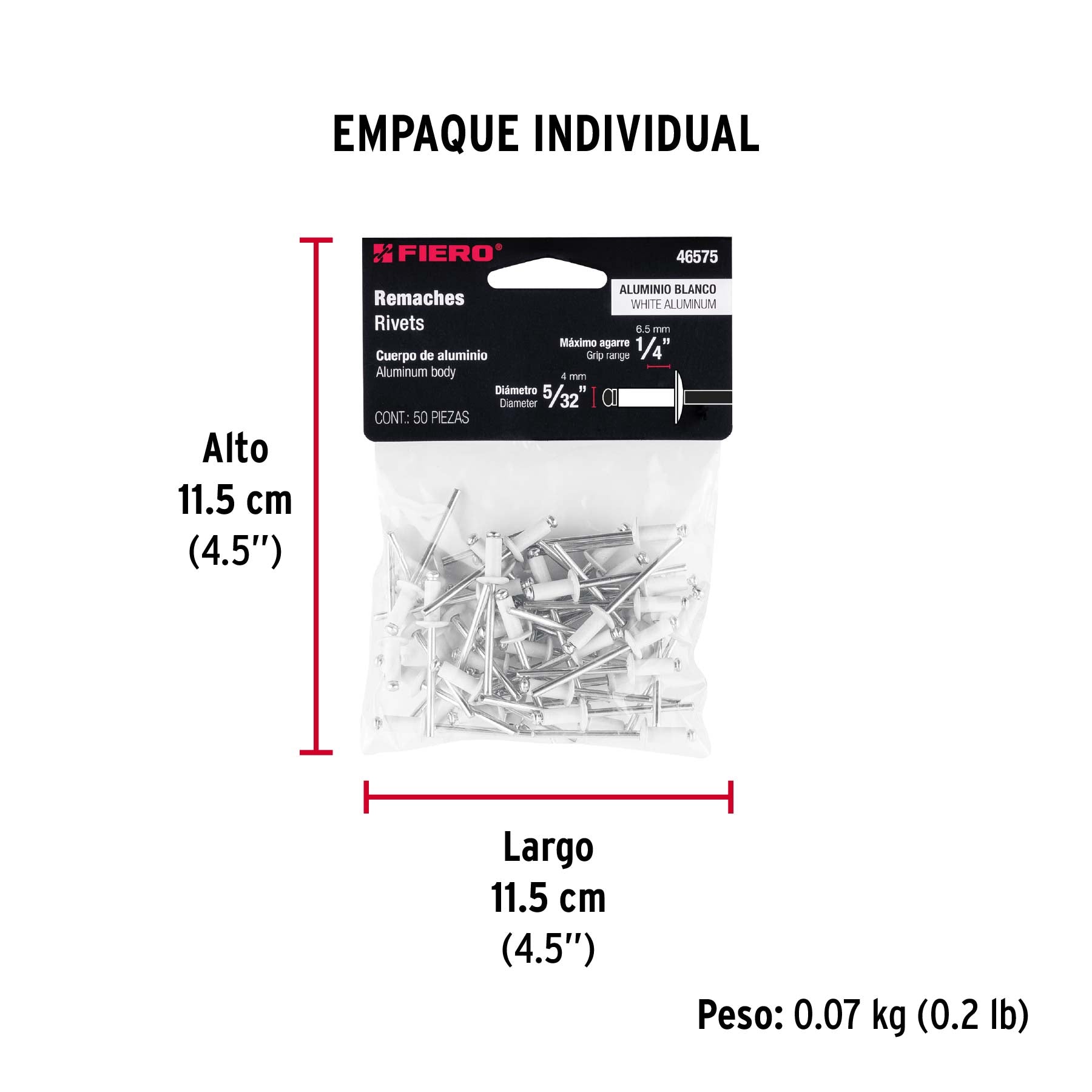 Bolsa c/50 remaches 5/32'x1/4' blancos aluminio, ala 5/16'