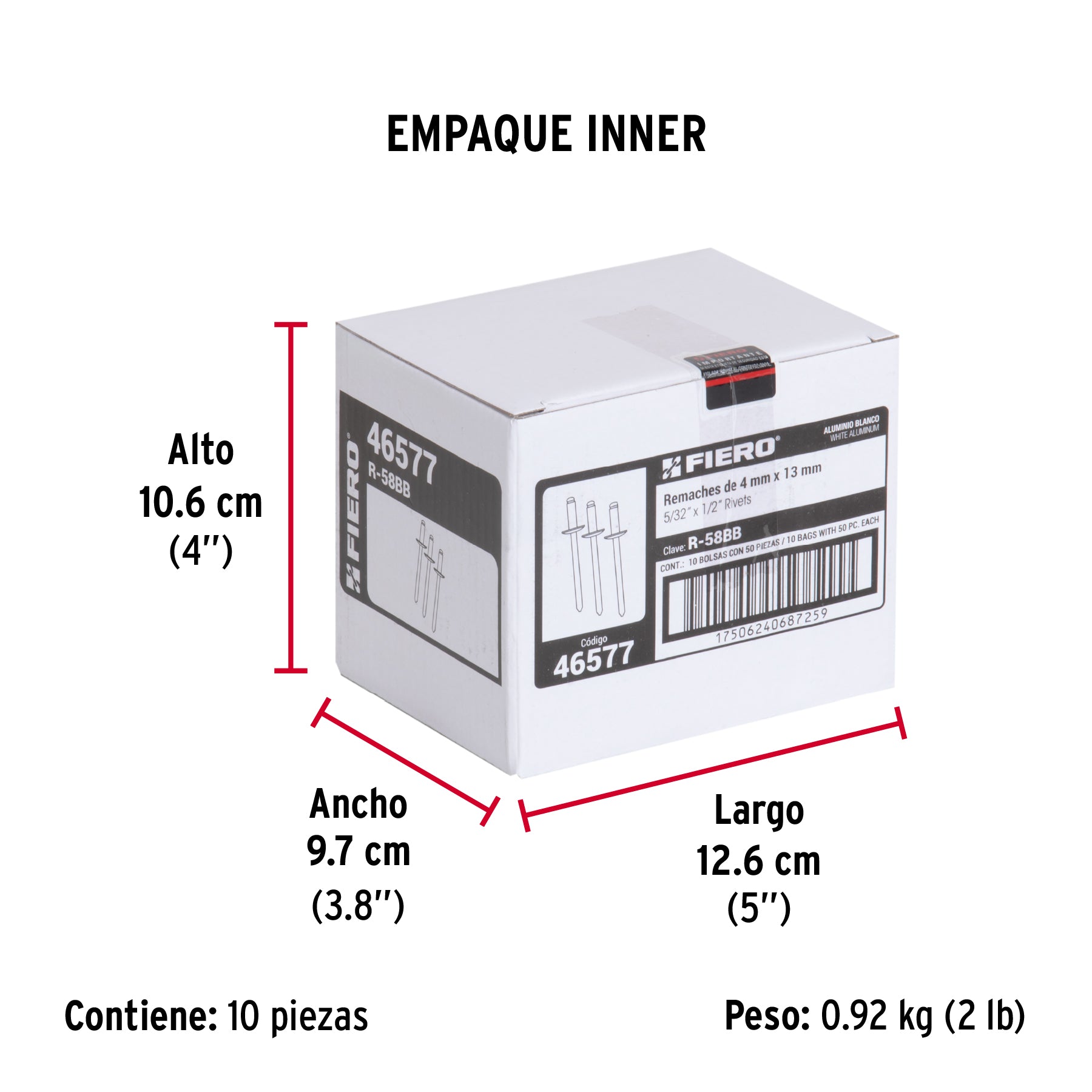 Bolsa c/50 remaches 5/32'x1/2' blancos aluminio, ala 5/16'