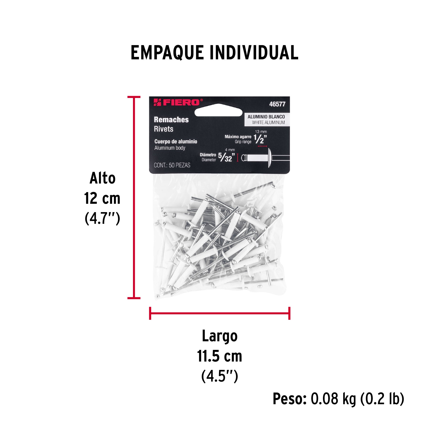 Bolsa c/50 remaches 5/32'x1/2' blancos aluminio, ala 5/16'