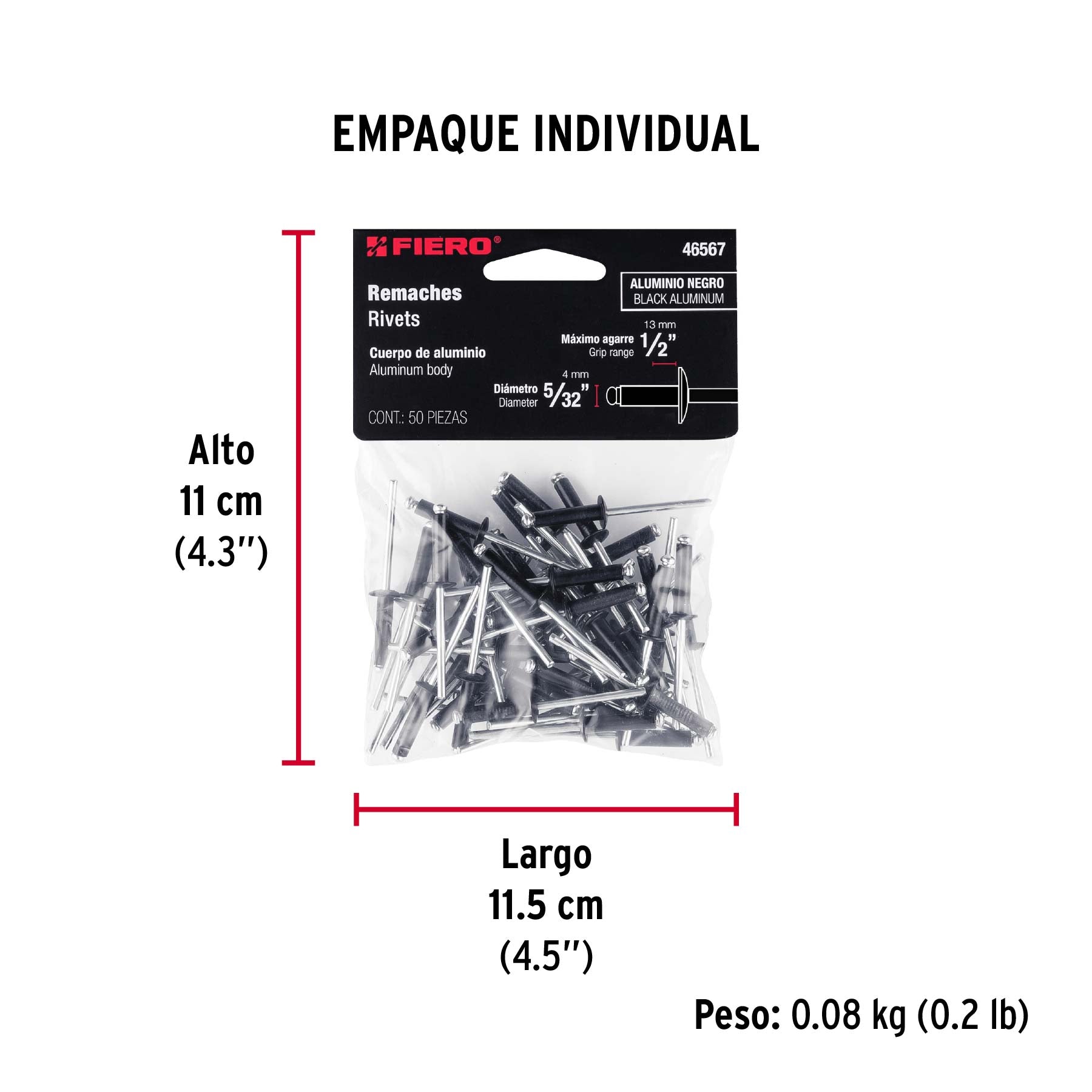 Bolsa c/50 remaches 5/32'x1/2' negros de aluminio, ala 5/16'