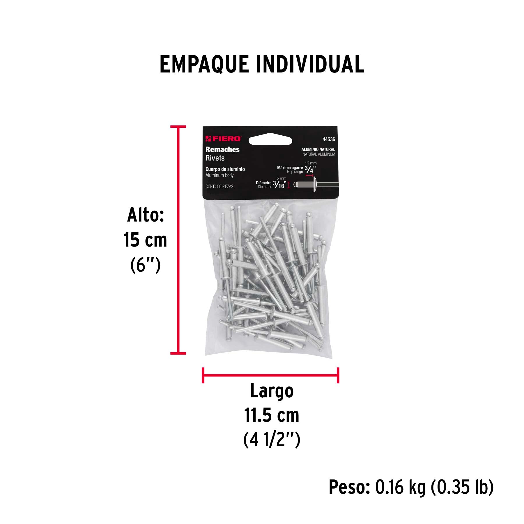 Remaches con espiga, 4.8x24.1mm, bolsa con 50 pzas