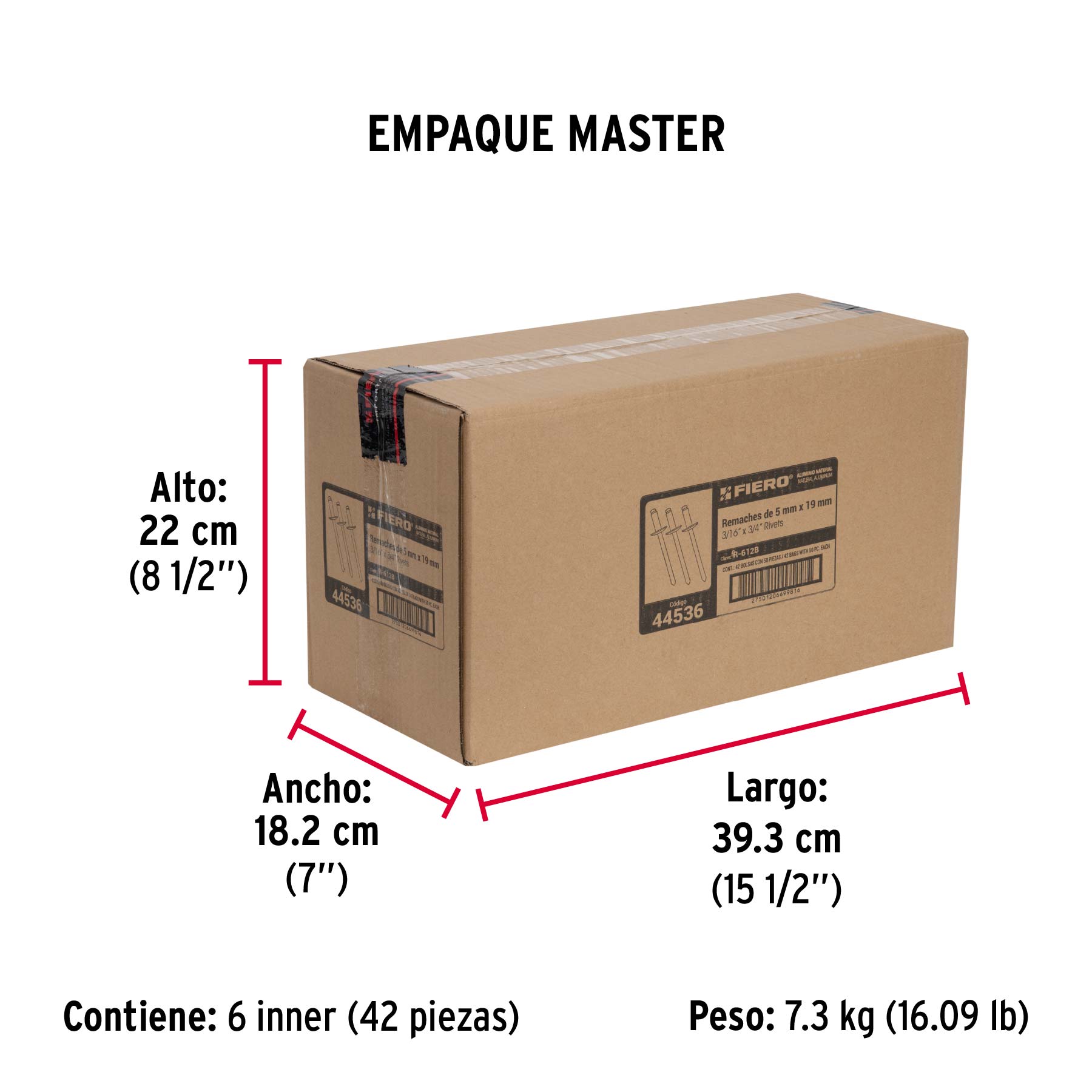 Remaches con espiga, 4.8x24.1mm, bolsa con 50 pzas