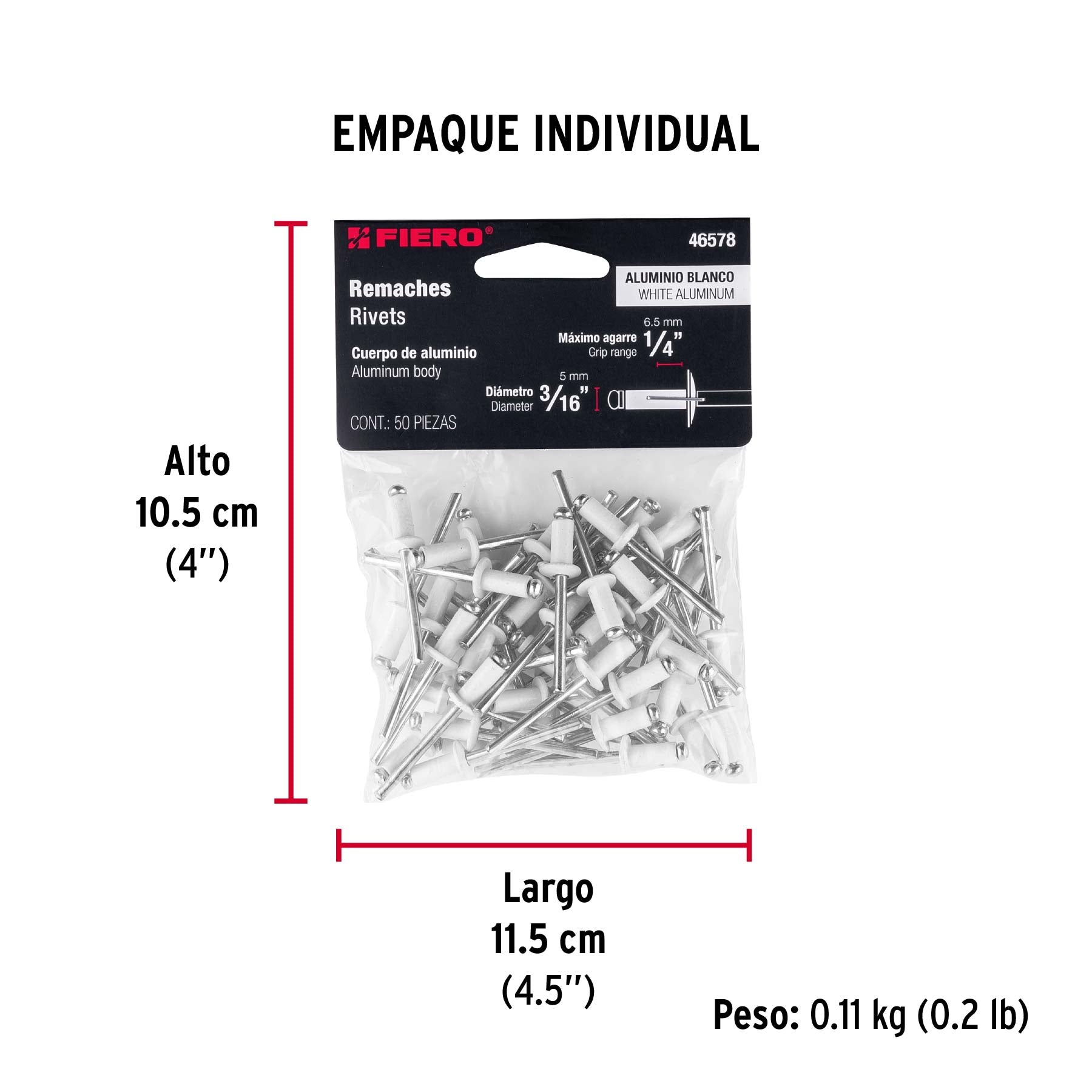 Bolsa c/50 remaches 3/16'x1/4' blancos de aluminio, ala 3/8'