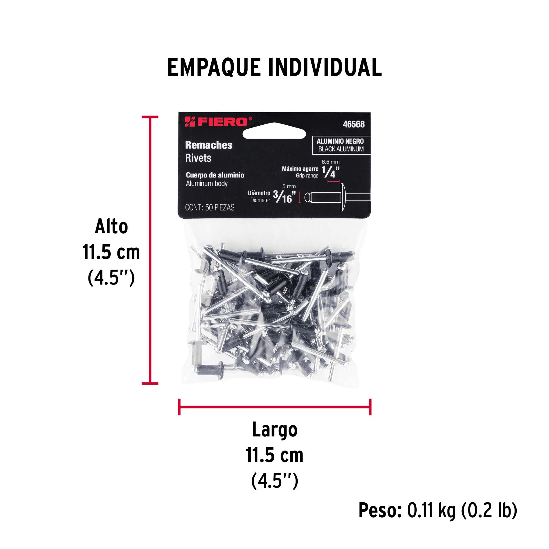 Bolsa c/50 remaches 3/16'x1/4' negros de aluminio, ala 3/8'