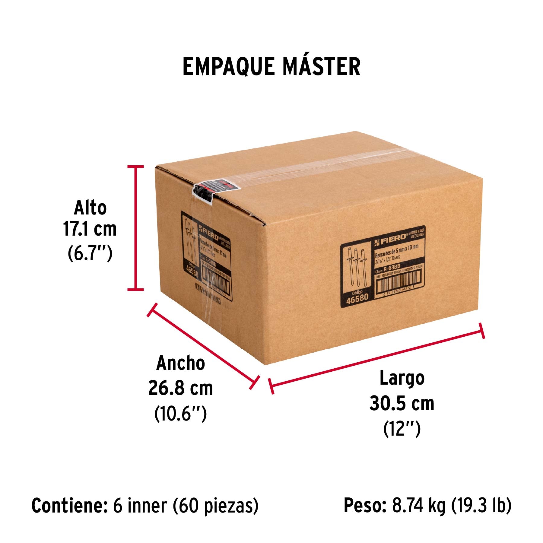 Bolsa c/50 remaches 3/16'x1/2' blancos de aluminio, ala 3/8'