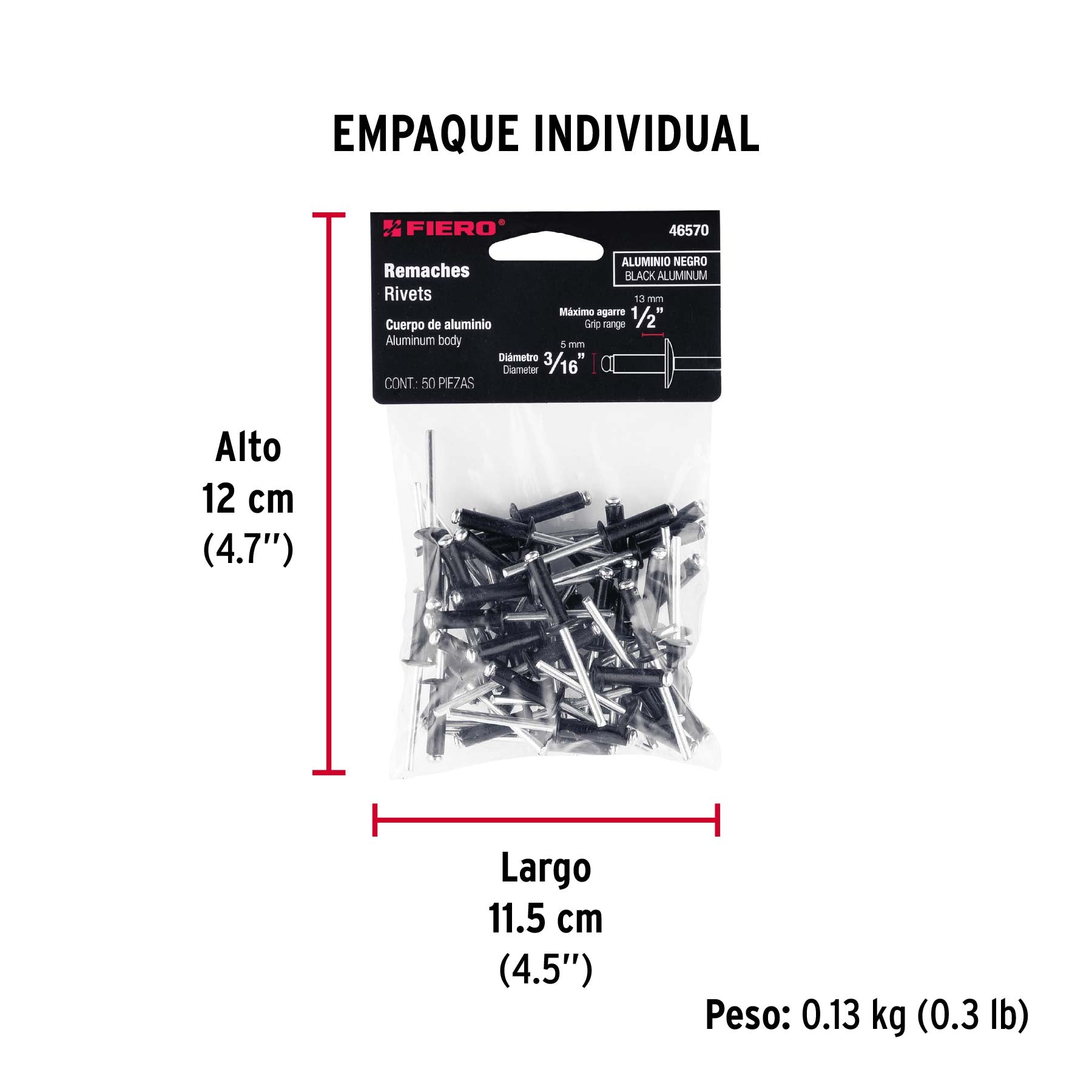 Bolsa c/50 remaches 3/16'x1/2' negros de aluminio, ala 3/8'