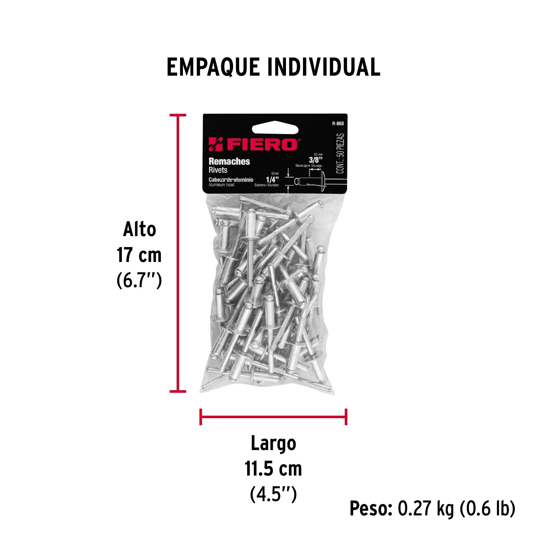 Remaches con espiga, 6.4x15.9mm, bolsa con 50 pzas