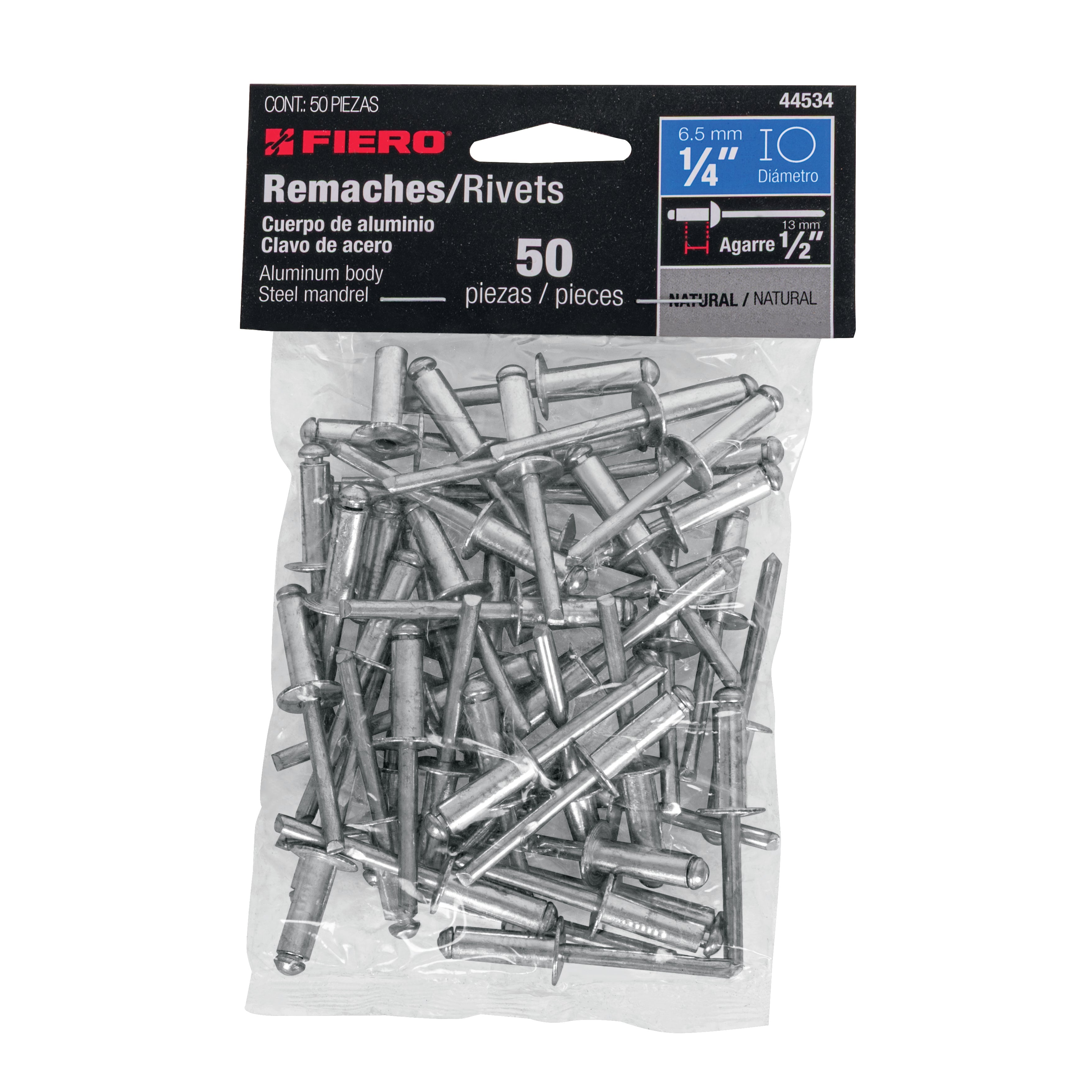 Remaches con espiga, 6.4x19.1mm, bolsa con 50 pzas