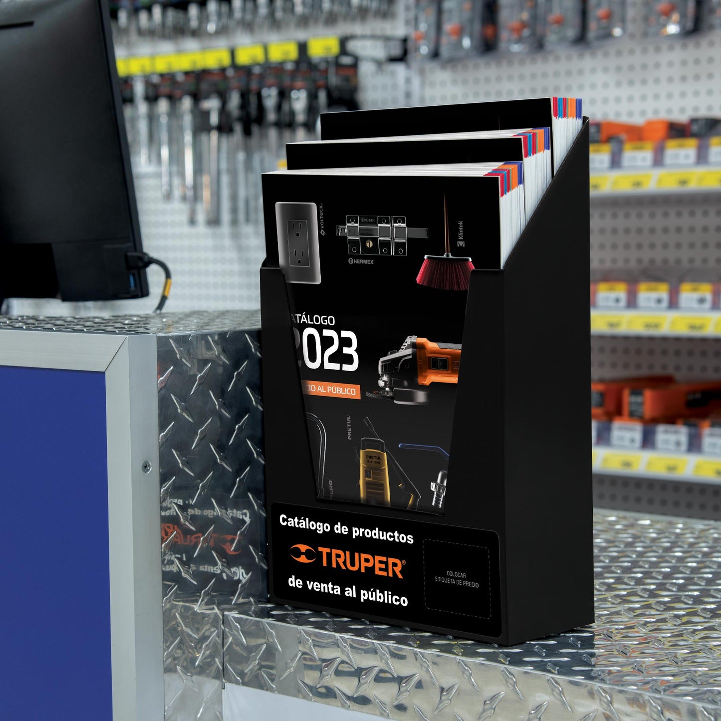 Rack para venta de catálogos en mostrador