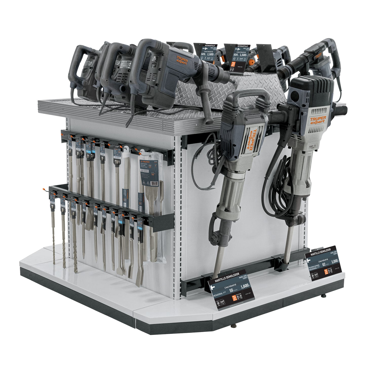 Mueble exhibidor con herramientas de demolición