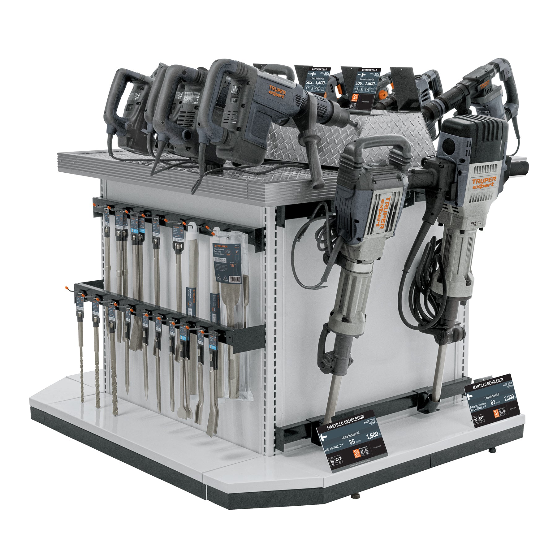 Mueble exhibidor con herramientas de demolición