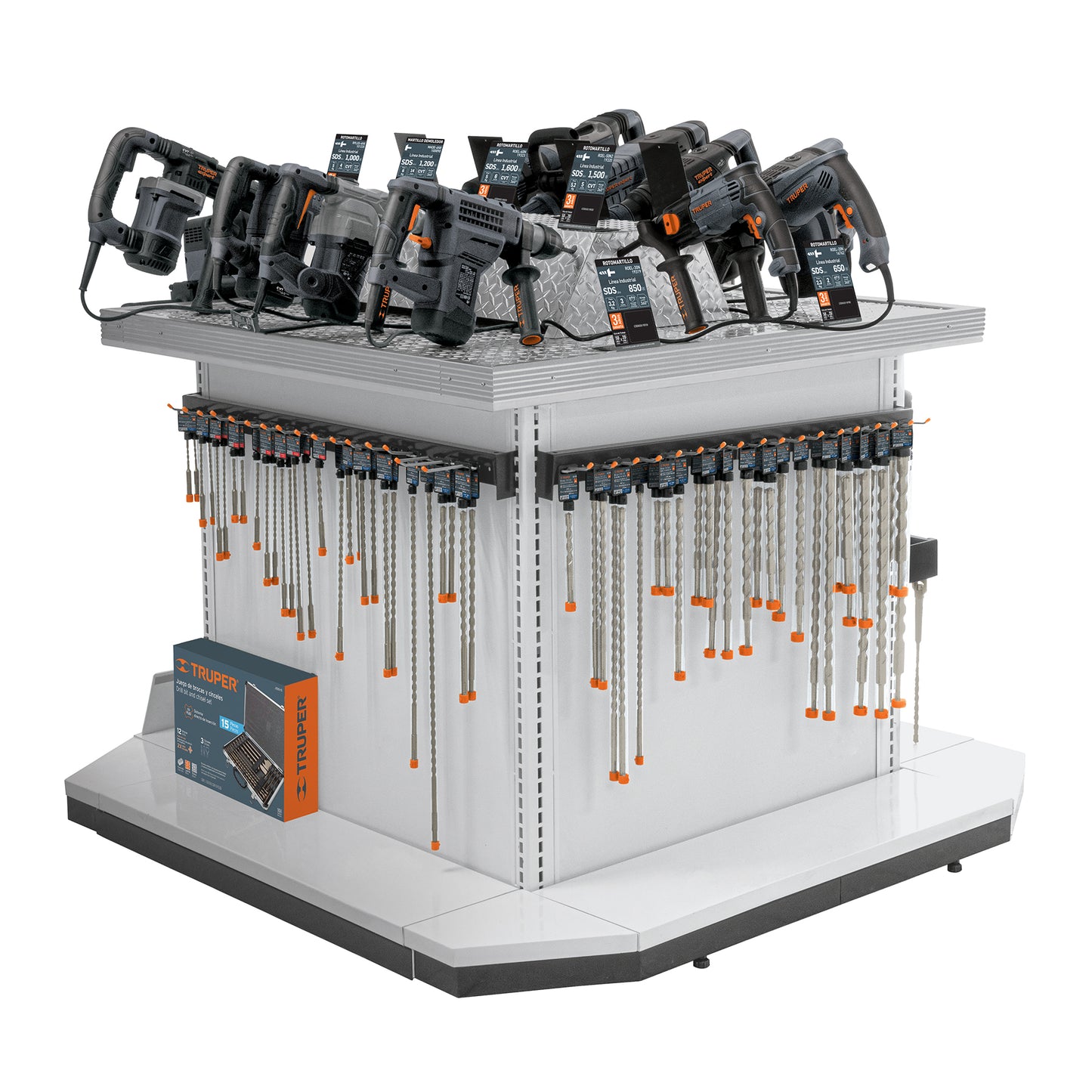 Mueble exhibidor con herramientas de demolición