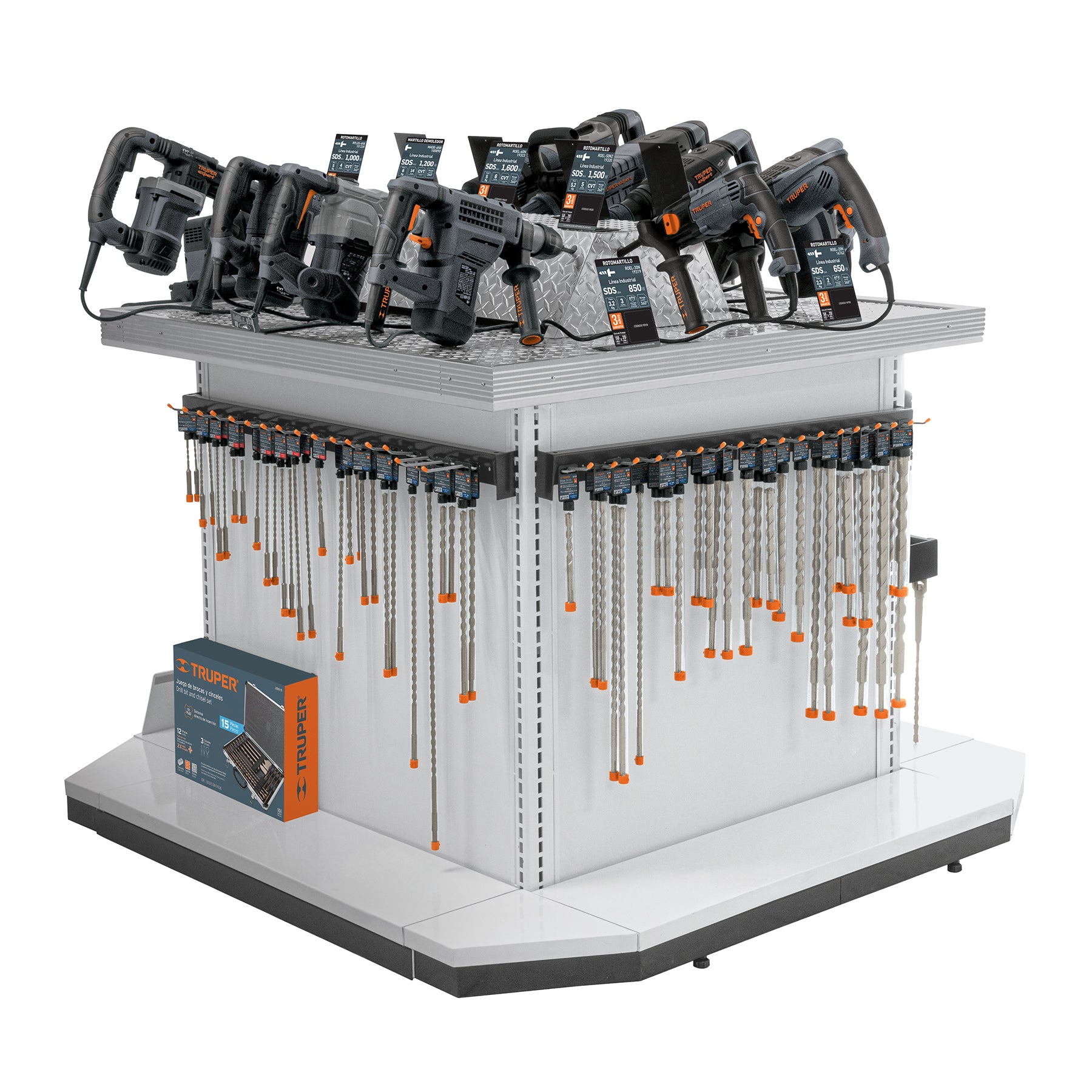 Mueble exhibidor con herramientas de demolición