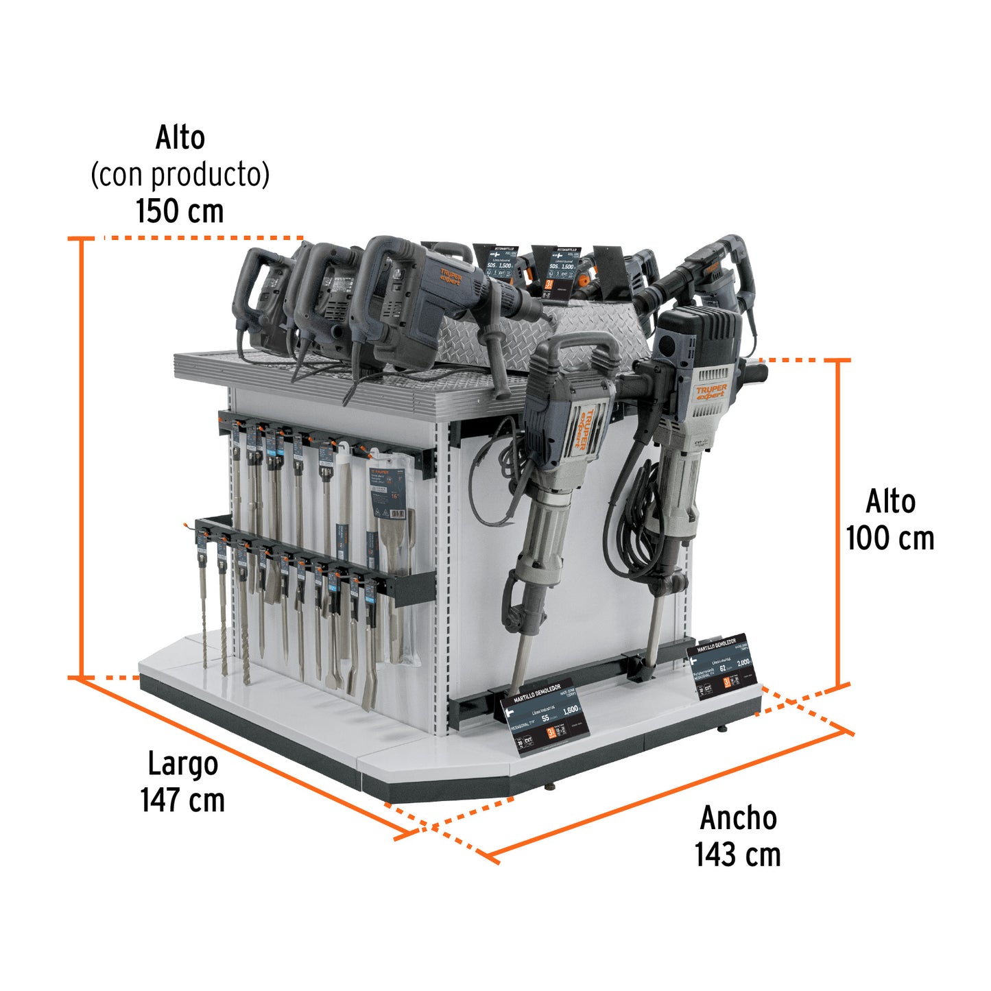 Mueble exhibidor con herramientas de demolición