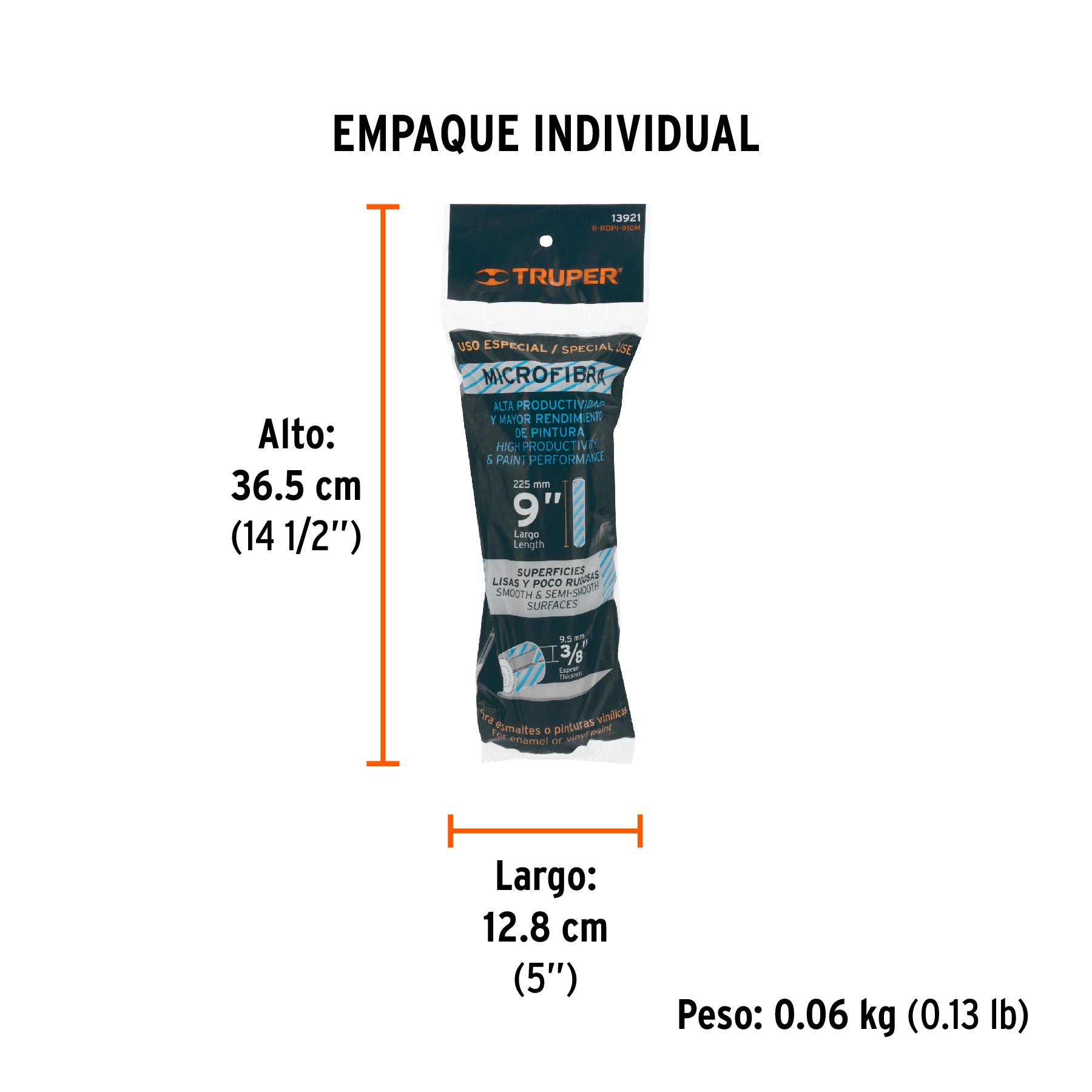 Repuesto rodillo para pintar, 9 x 3/8", de microfibra