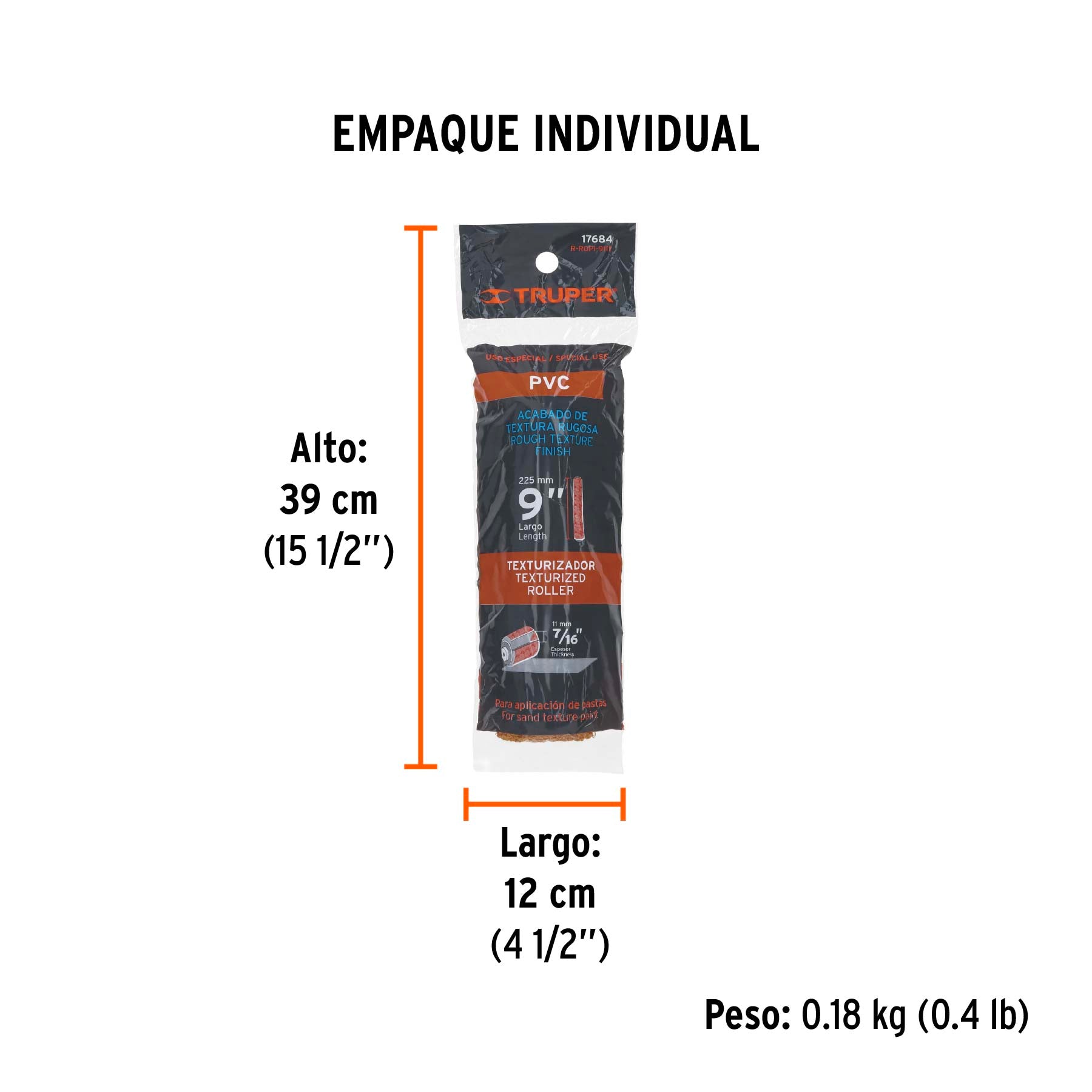Repuesto para rodillo para pintar, 9 x 7/16", PVC, rugosa