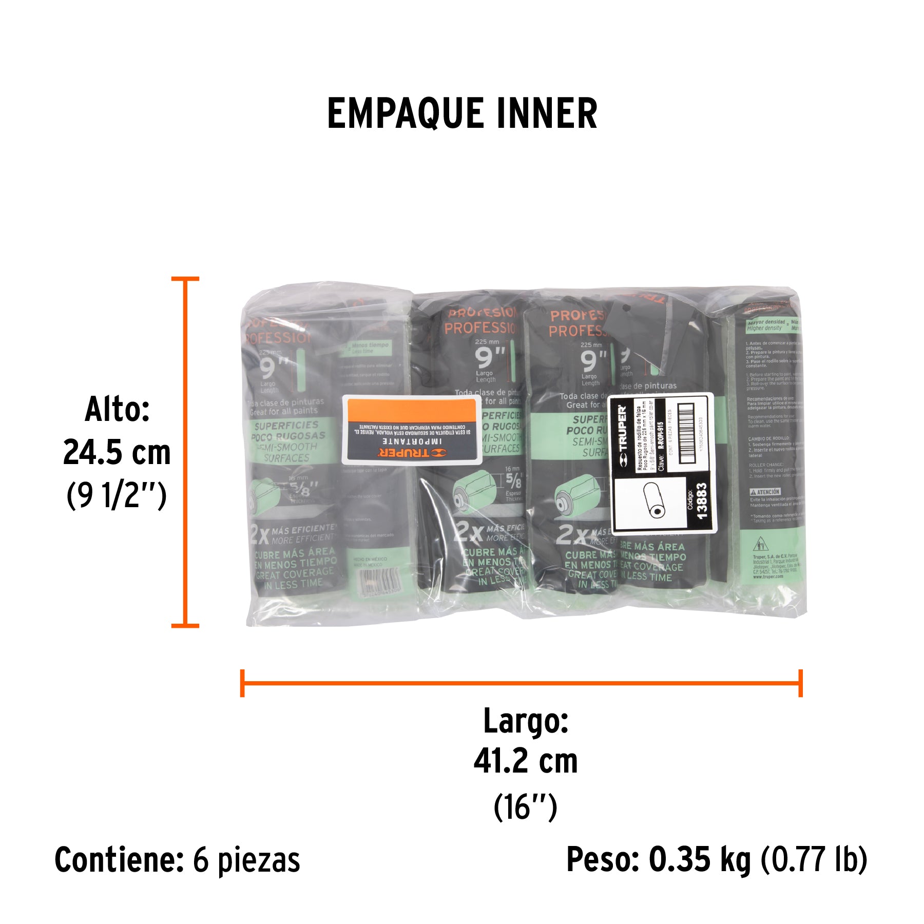 Repuesto para rodillo para pintar, felpa 9 x 5/8", lisa