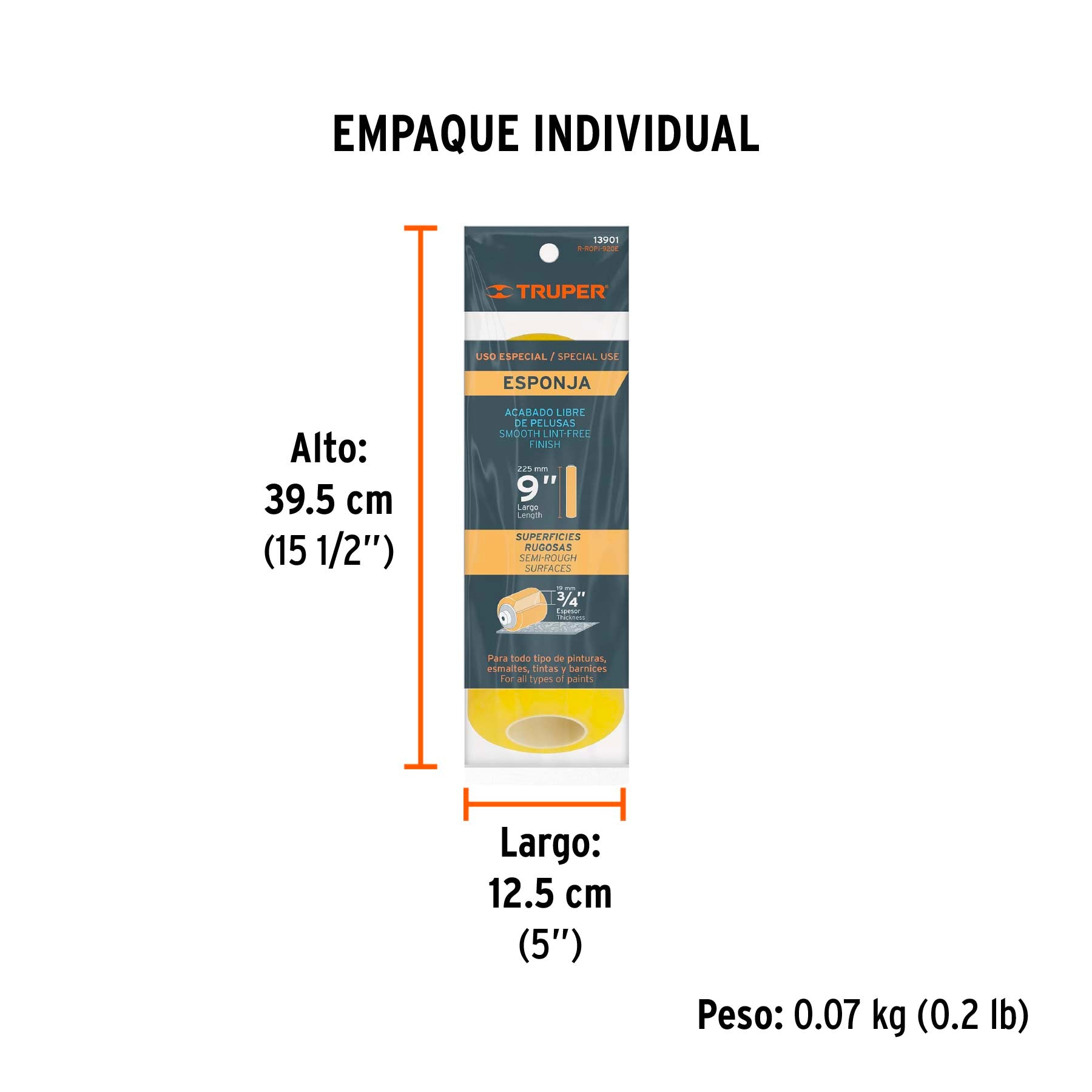Repuesto rodillo para pintar, 9 x 3/4",semi rugosa, esponja
