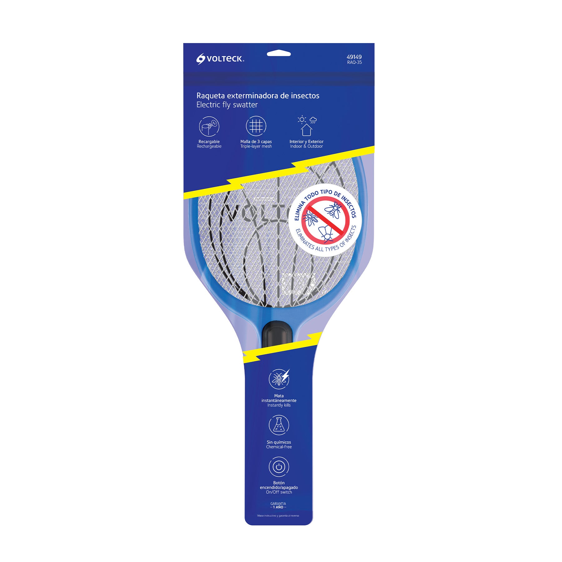 Raqueta exterminadora de insectos, recargable, Volteck