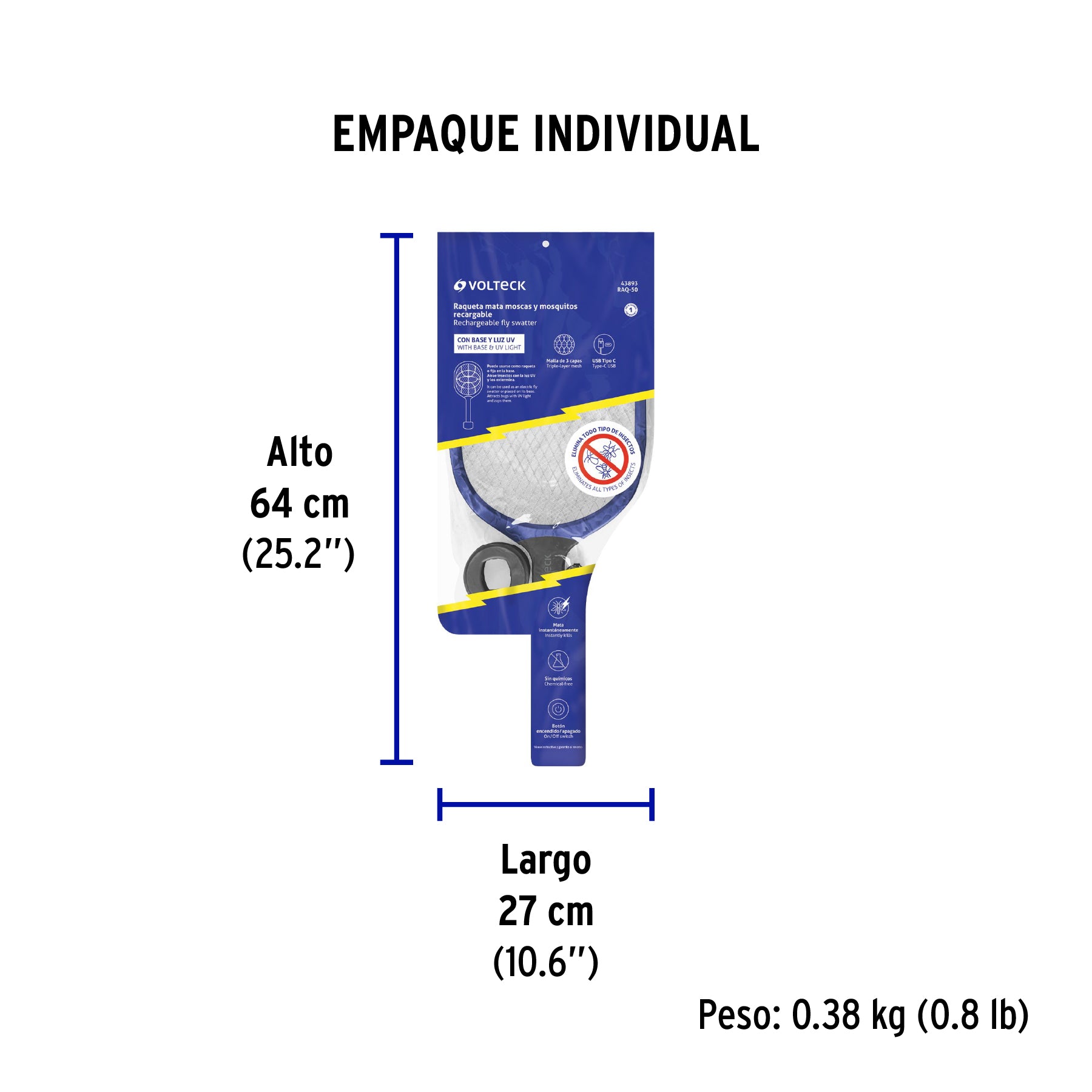 Raqueta mata moscas y mosquitos con base, recargable VOLTECK